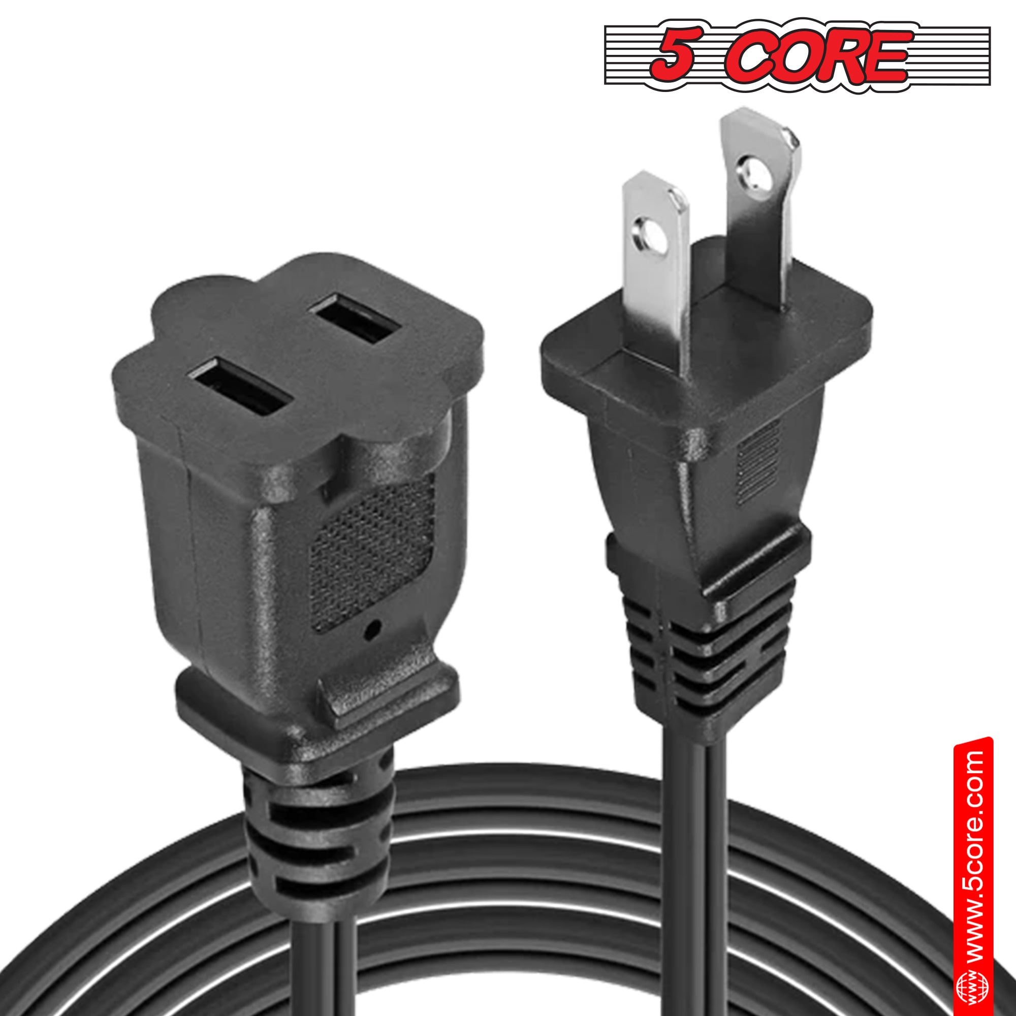5 Core 2 Prong Extension Cord 12ft Durable Two Prong Extension Cable US AC 2 Prong Christmas Light Extension Cord Outdoor Plug Extender -EXC BLK 12FT