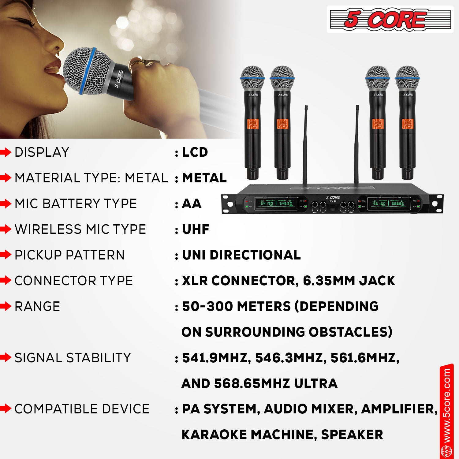 5 Core Wireless Microphone System 4 Channel UHF 492F Range Portable Receiver w Cordless Mic