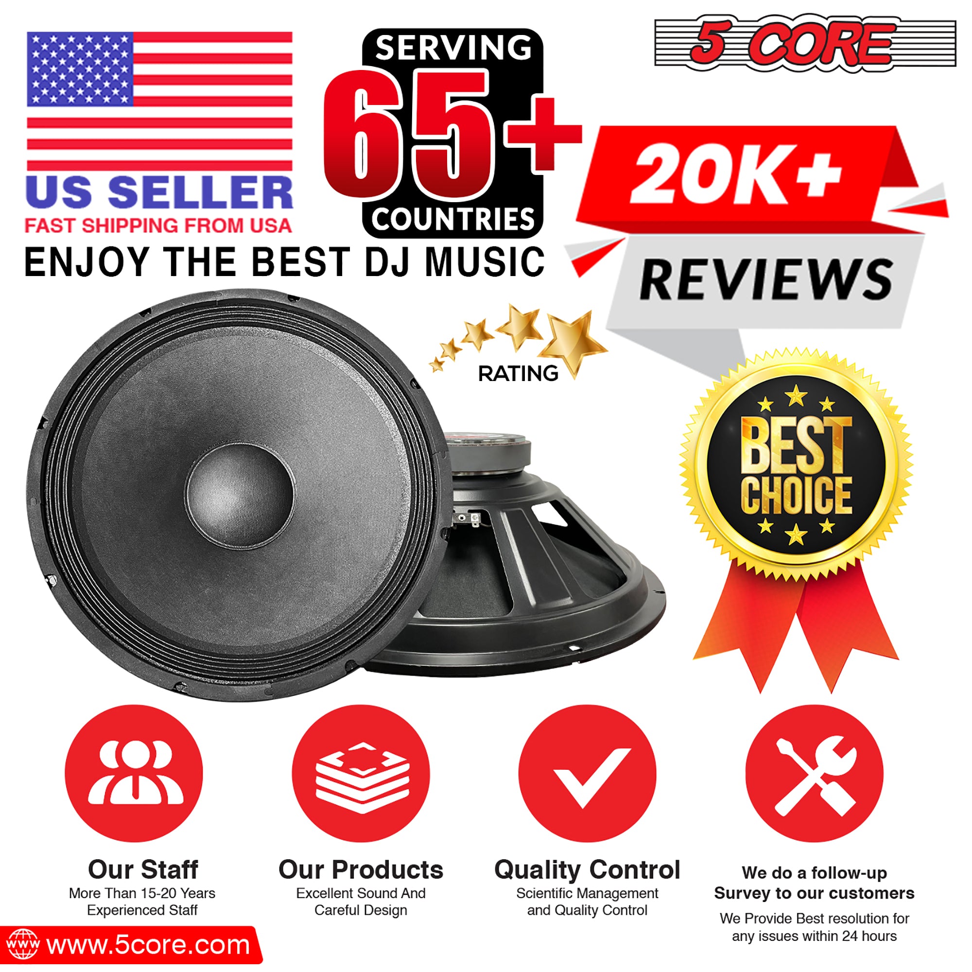 5 Core 15 Inch Subwoofer Speaker 250W RMS Full Range DJ Sub Woofer Systems 8 Ohm 60 OZ Magnet Raw Replacement Stereo Subwoofers -FR 15 140 MS 2PCS