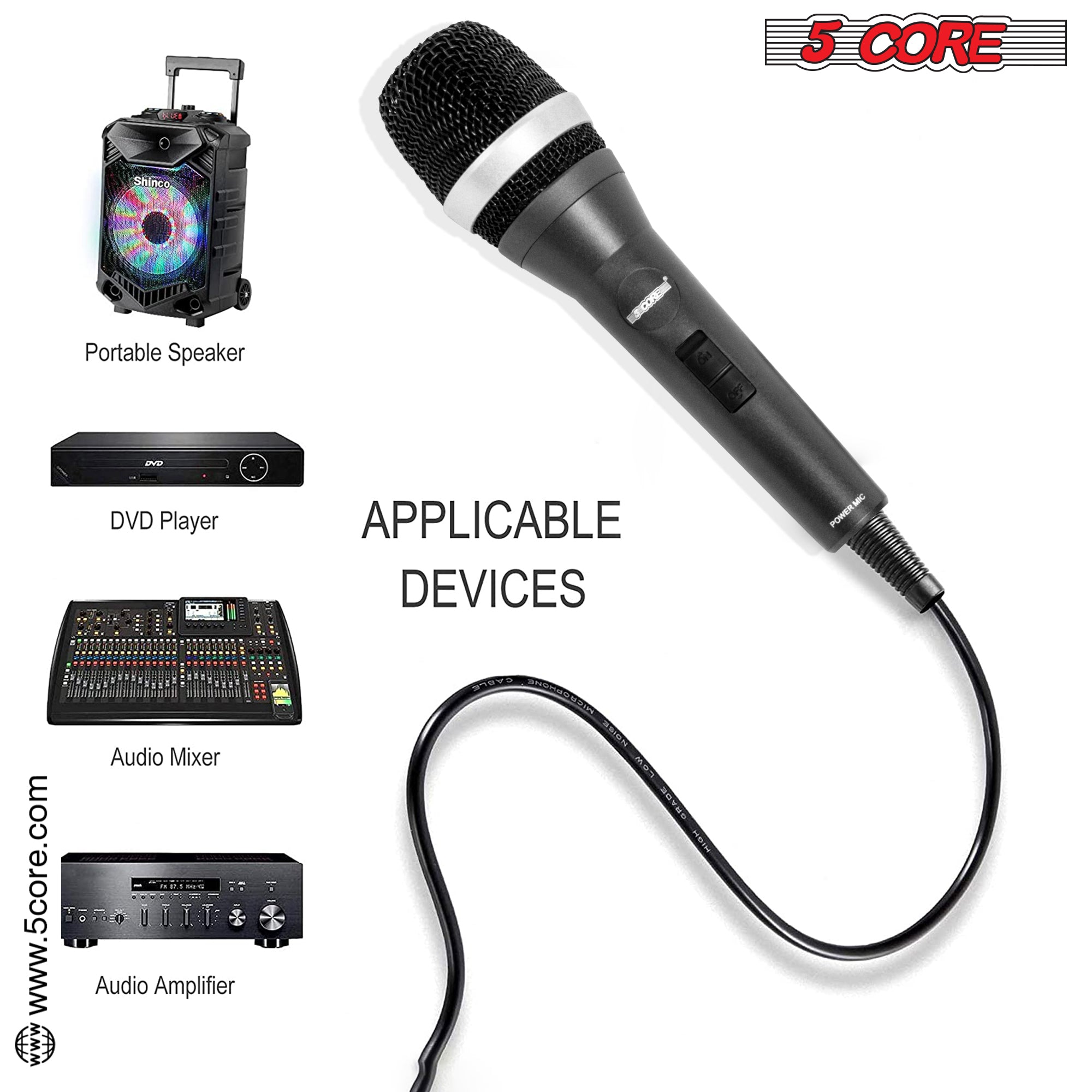 5 Core Karaoke Microphone Dynamic Vocal Handheld Mic Cardioid Unidirectional Microfono w On and Off Switch Includes XLR Audio Cable Bag Mic Holder -5C-POWER
