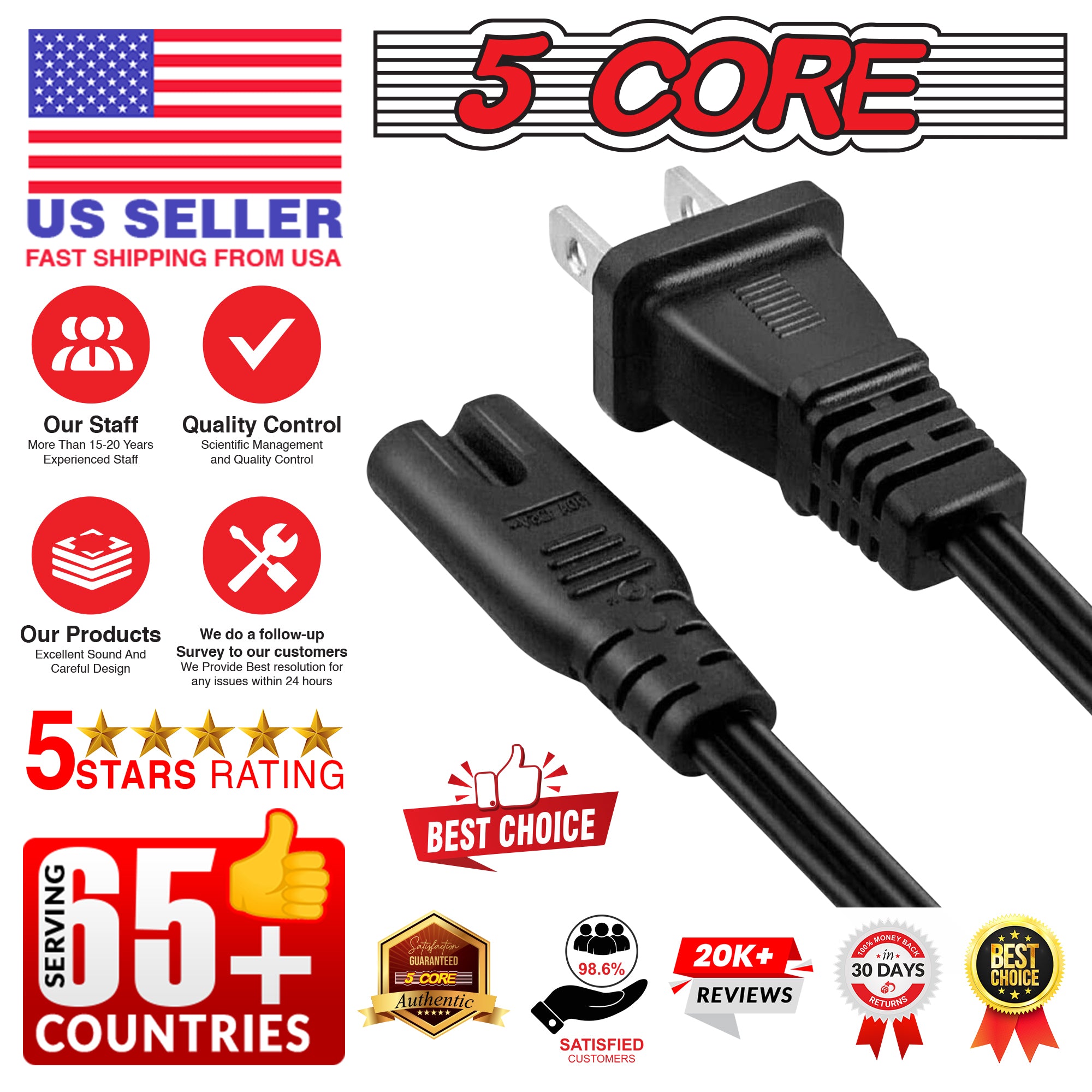 5 Core AC Power Extension Cord 6 Ft 2 Prong US Male to Female Extension Adapter  16AWG/2C 125V 13A