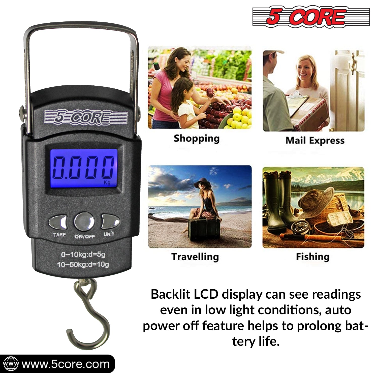 5 Core Fishing Scale 110lb/50kg Capacity •Hanging Digital Luggage Weighing Scales w Measuring Tape