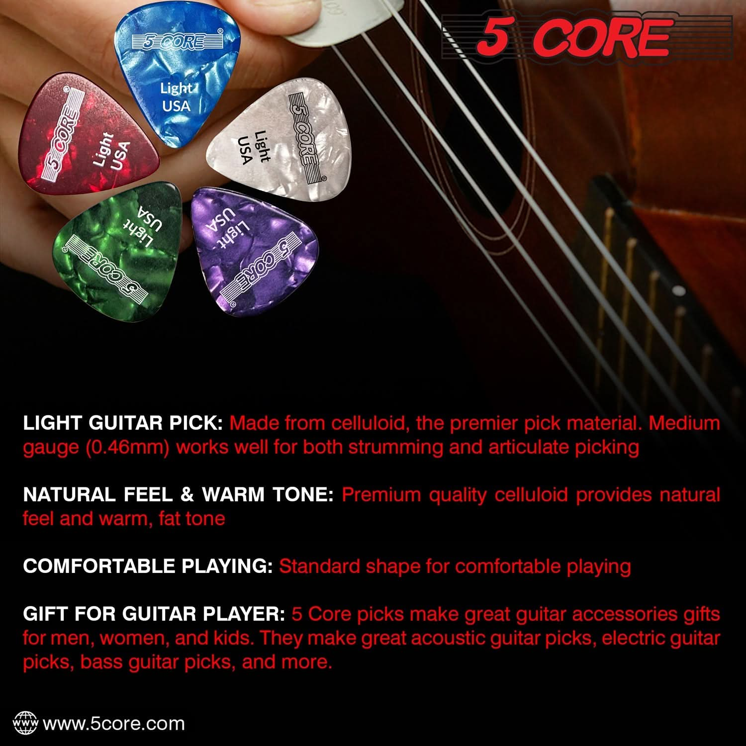 5Core Guitar Picks Celluloid Light Gauge 0.46mm Pick - Acoustic Electric Bass Guitars BLUE