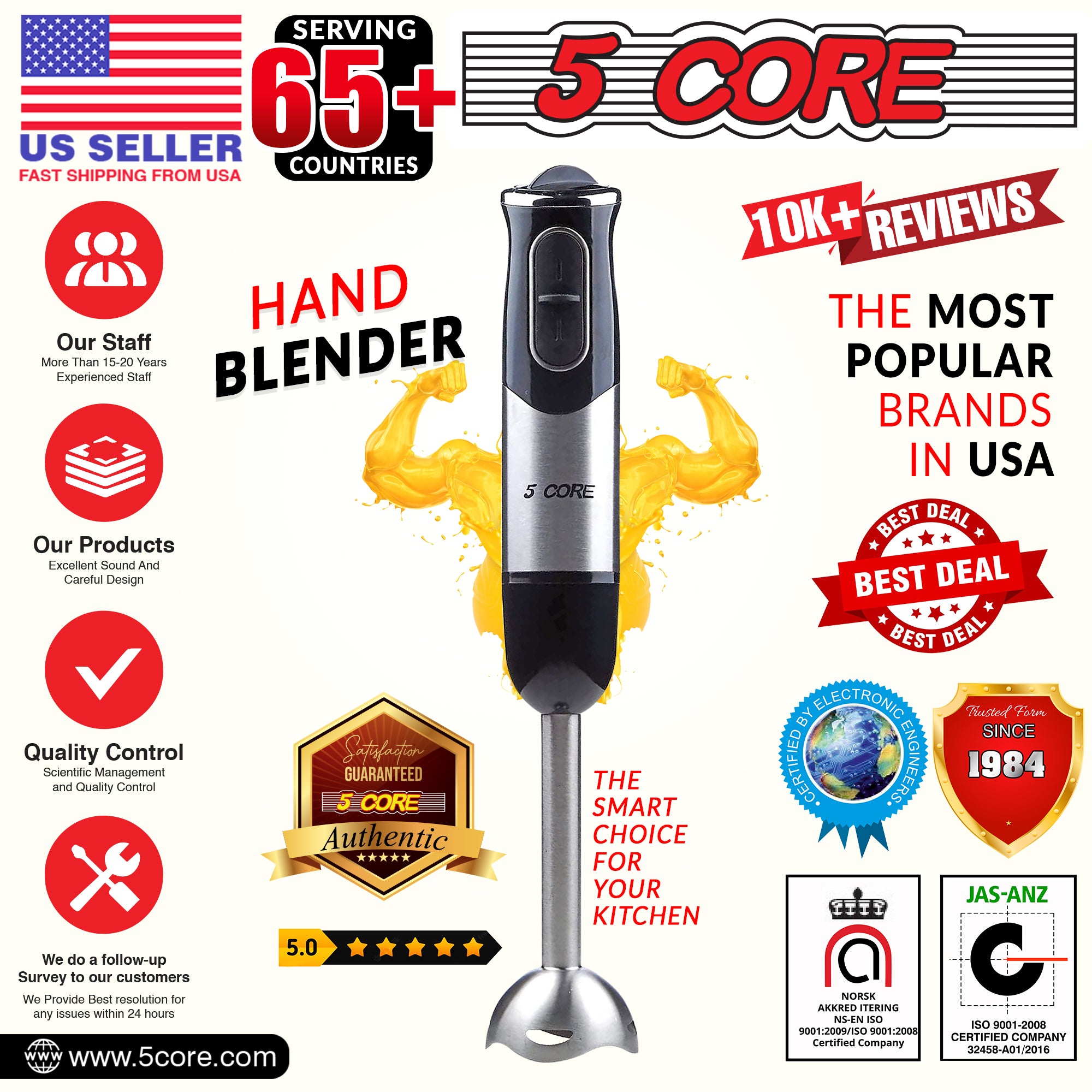 5 Core Immersion Hand Blender 500W Multifunctional Powerful Electric  Handheld Blender 8 Variable speed Emersion Hand Mixer Stick BPA Free HB  1510 RED 