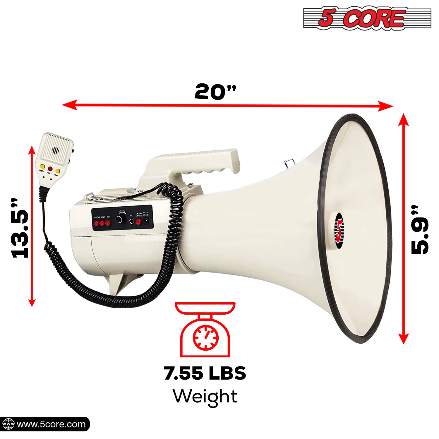 5 Core Megaphone with 100W Power: PA Bullhorn with USB Charging and Siren Feature for Clear Long-Range Sound Projection.