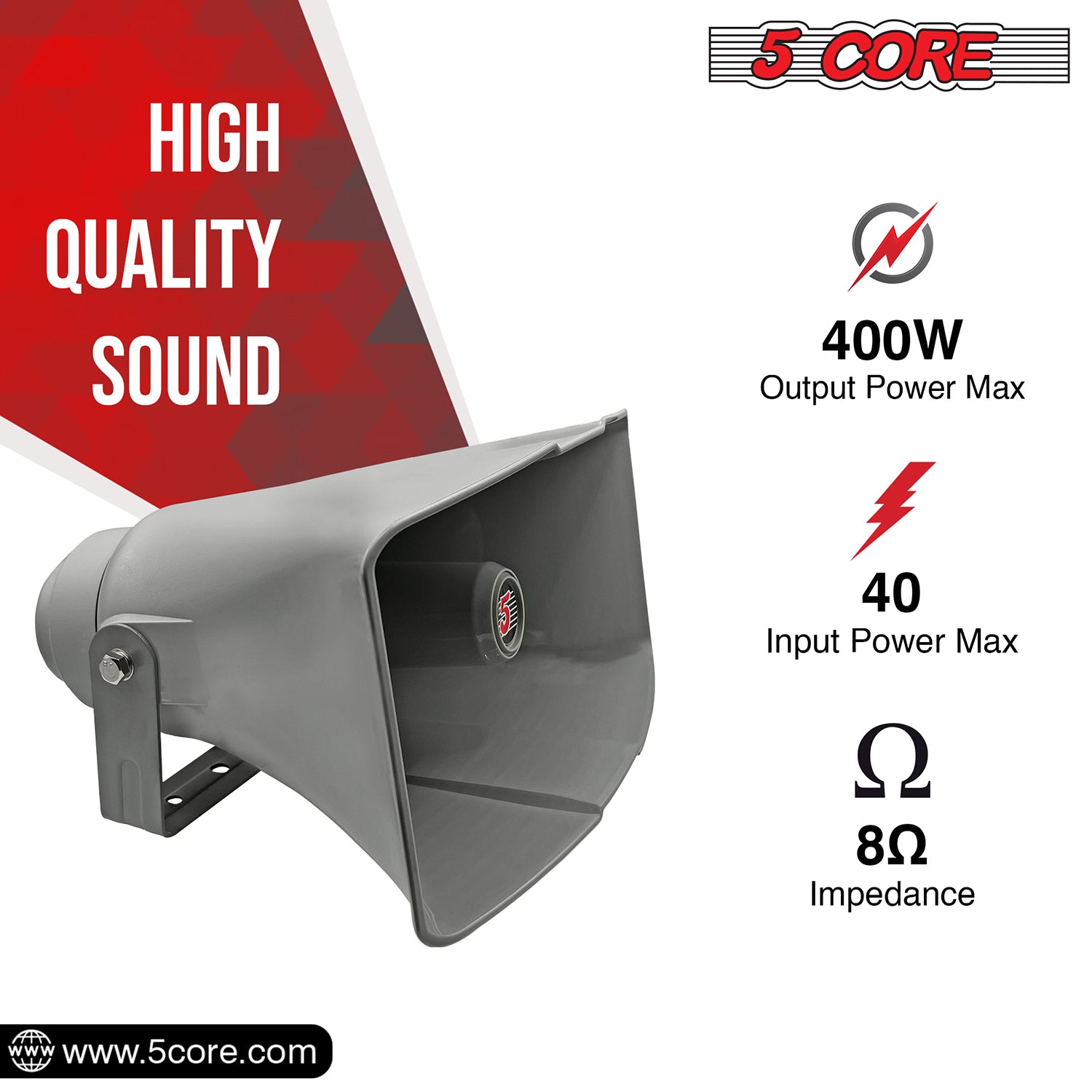 5 Core PA Horn Speaker Outdoor 8x16" Siren Loudspeaker • 40W RMS Loud Megaphone Driver Horn
