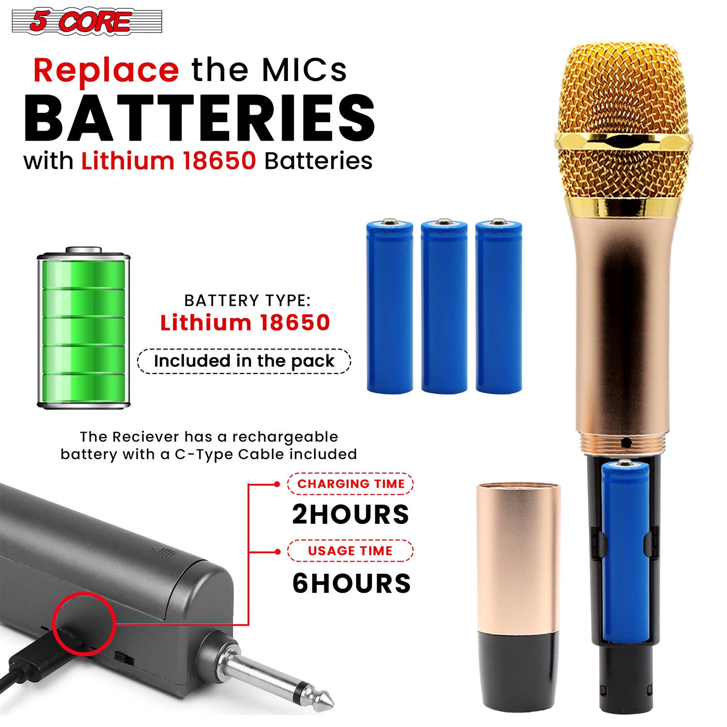 5 Core UHF Wireless Microphone • 210FT Max Range Microfonos Inalambricos • Cardioid Karaoke Dynamic Mic Gold/ Gray