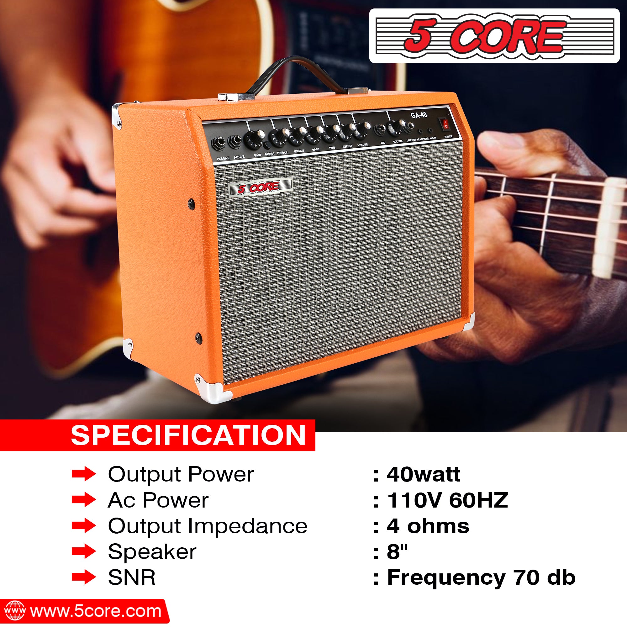 5Core Mini Guitar Amp Orange 40W Portable Electric Bass Amplifier w 8” 4 Ohm Speaker w EQ Control
