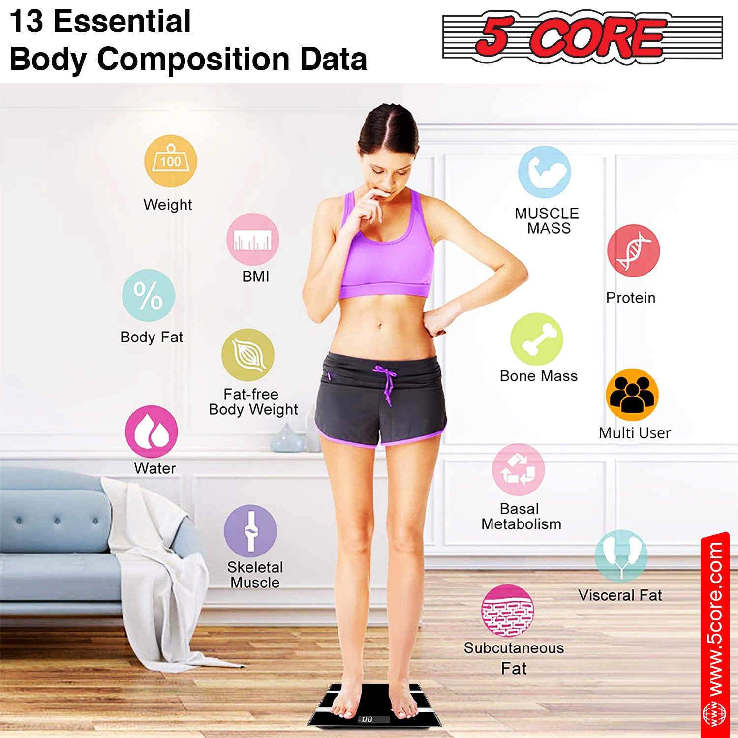 5 Core Weight Smart Scale for Body Weight Digital Bathroom Scale BMI Weighing Bluetooth Body Fat Monitor Health Analyzer Sync with App -BBS HL B BLK