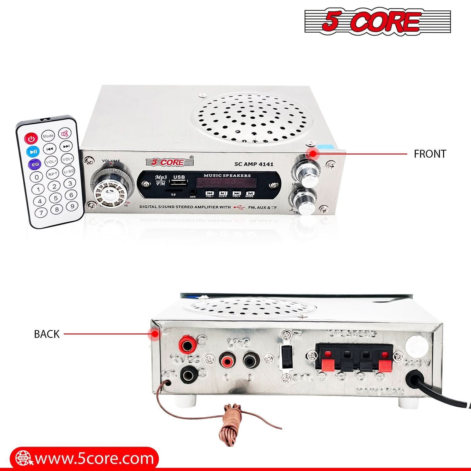 5Core Amplifier Home Audio 400W in-Built Speaker Mini Stereo Dual Channel LCD Display TF AUX USB