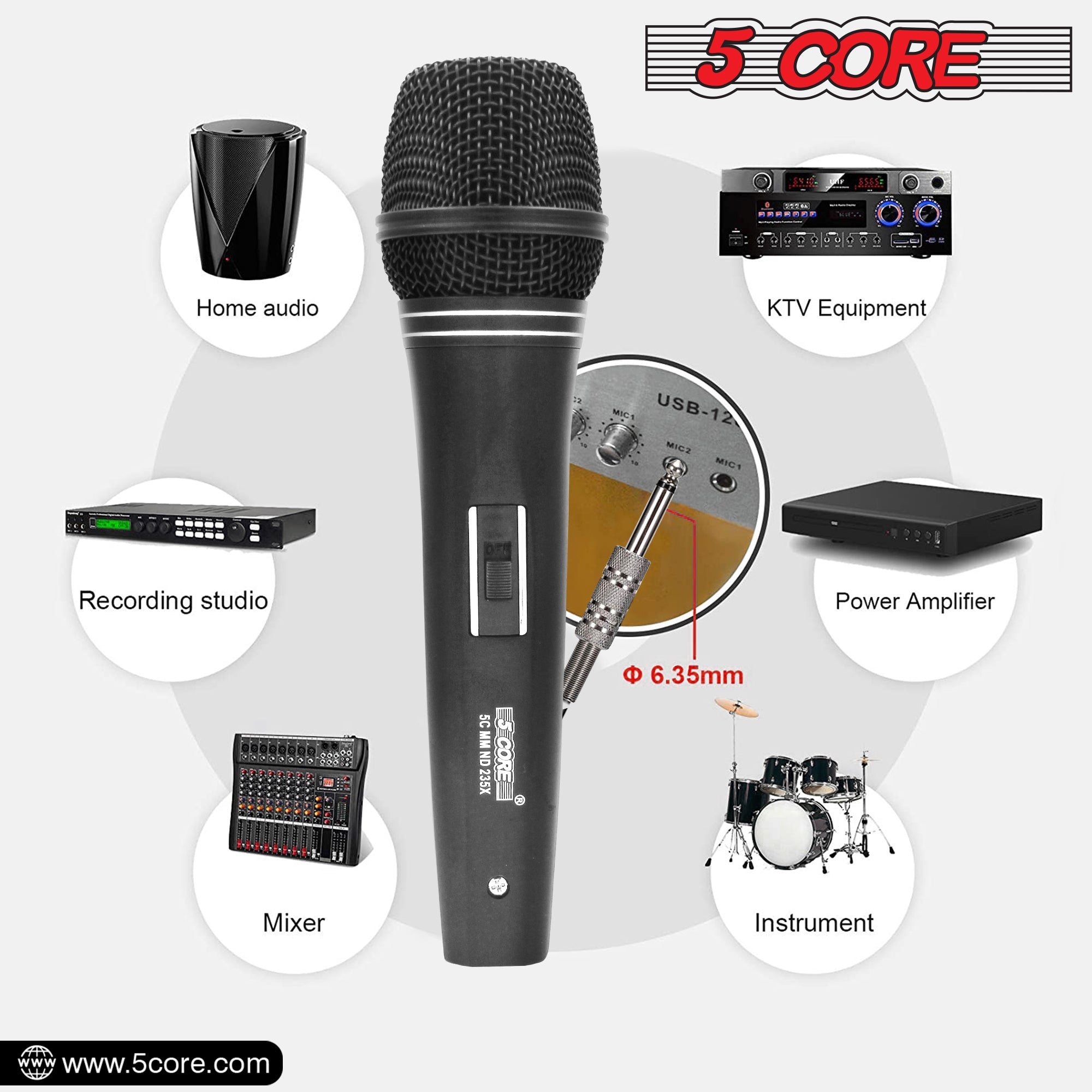 5 Core Microphone Professional Black Dynamic Karaoke XLR Wired Mic w ON/OFF Switch Pop Filter Cardioid Unidirectional Pickup -ND 235X