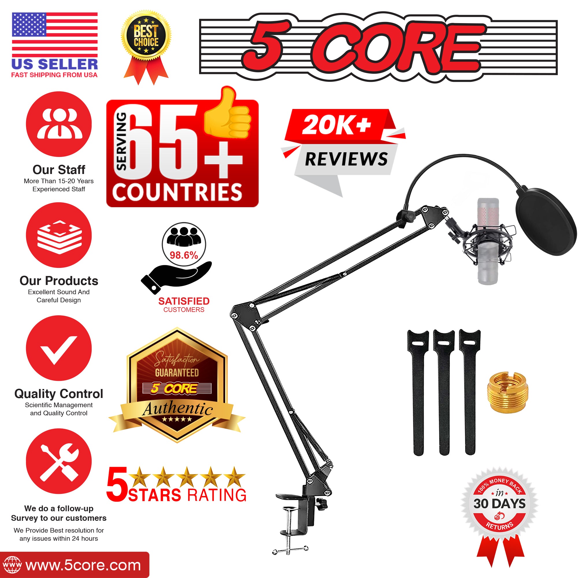 5 Core Podcast Equipment Bundle w Adjustable Suspension Boom Scissor Arm 3/8"to 5/8" Screw Adapter Shock Mount Pop Filter Cable Ties -ARM SET 16