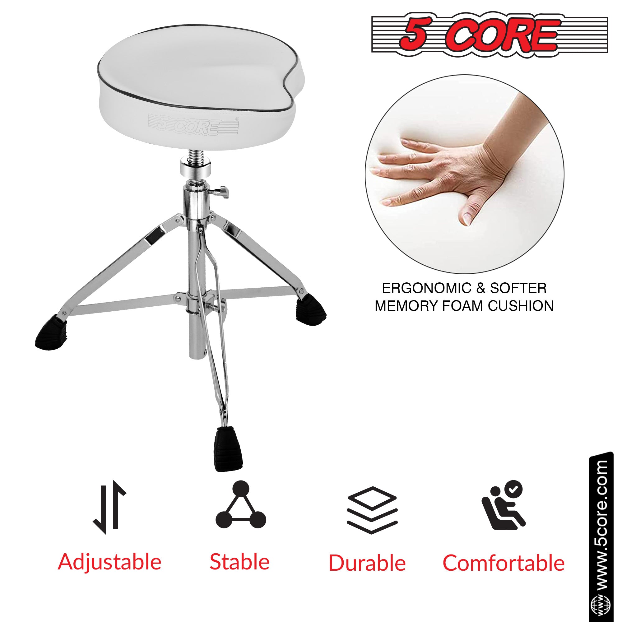 5 Core Drum Throne Saddle White| Heavy Duty Height Adjustable Padded Comfortable Drum Seat| Stools Chair  Style with Double Braced Anti-Slip Feet and Two Drumsticks for Adults Drummers- DS CH WH SDL HD
