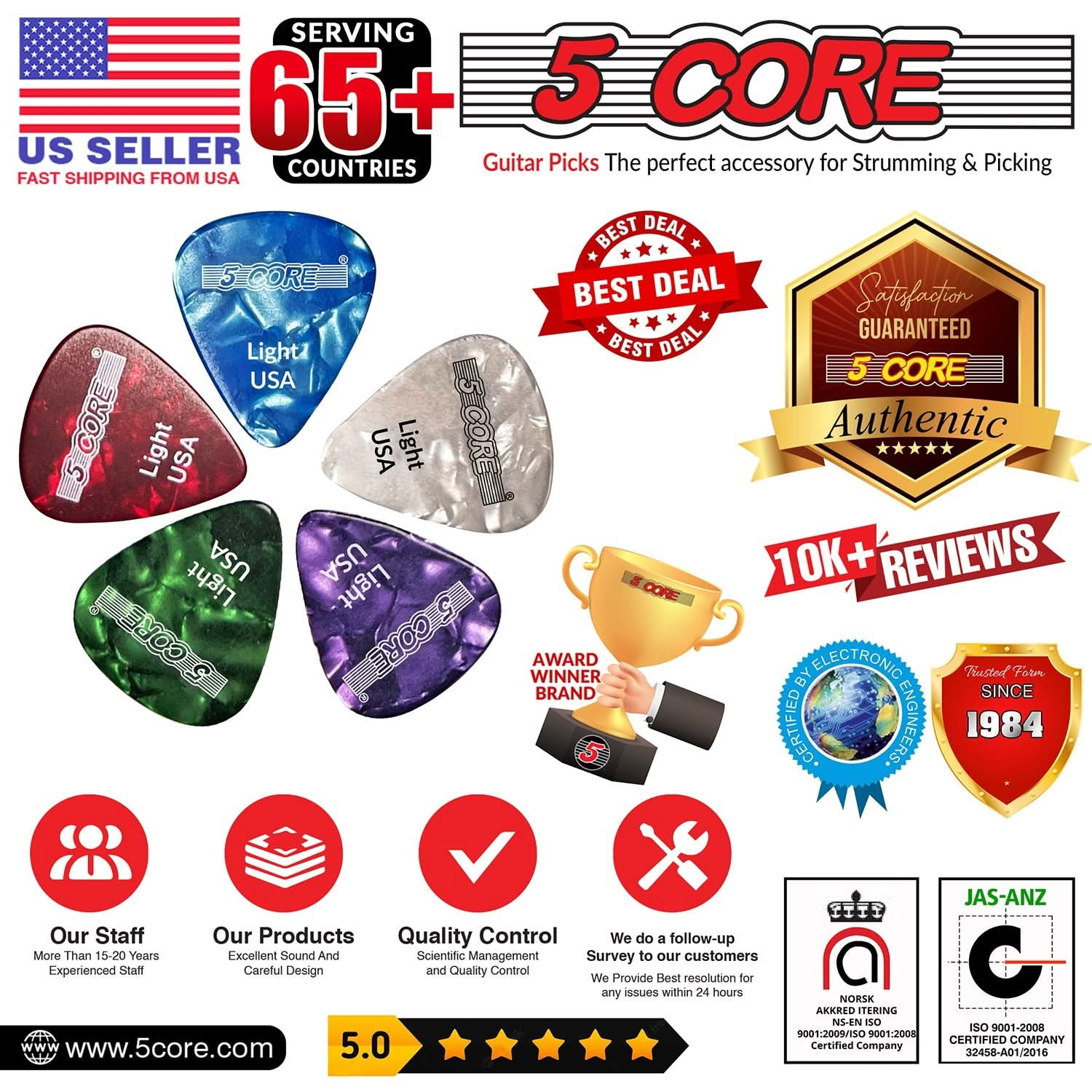 5Core Guitar Picks Celluloid Light Gauge 0.46mm Pick - Acoustic Electric Bass Guitars PURPLE