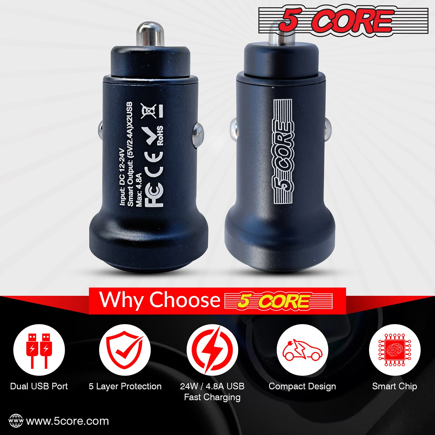 5Core USB Car Charger Cigarette Lighter Dual USB Port Adapter 12/24 V Fast Charging
