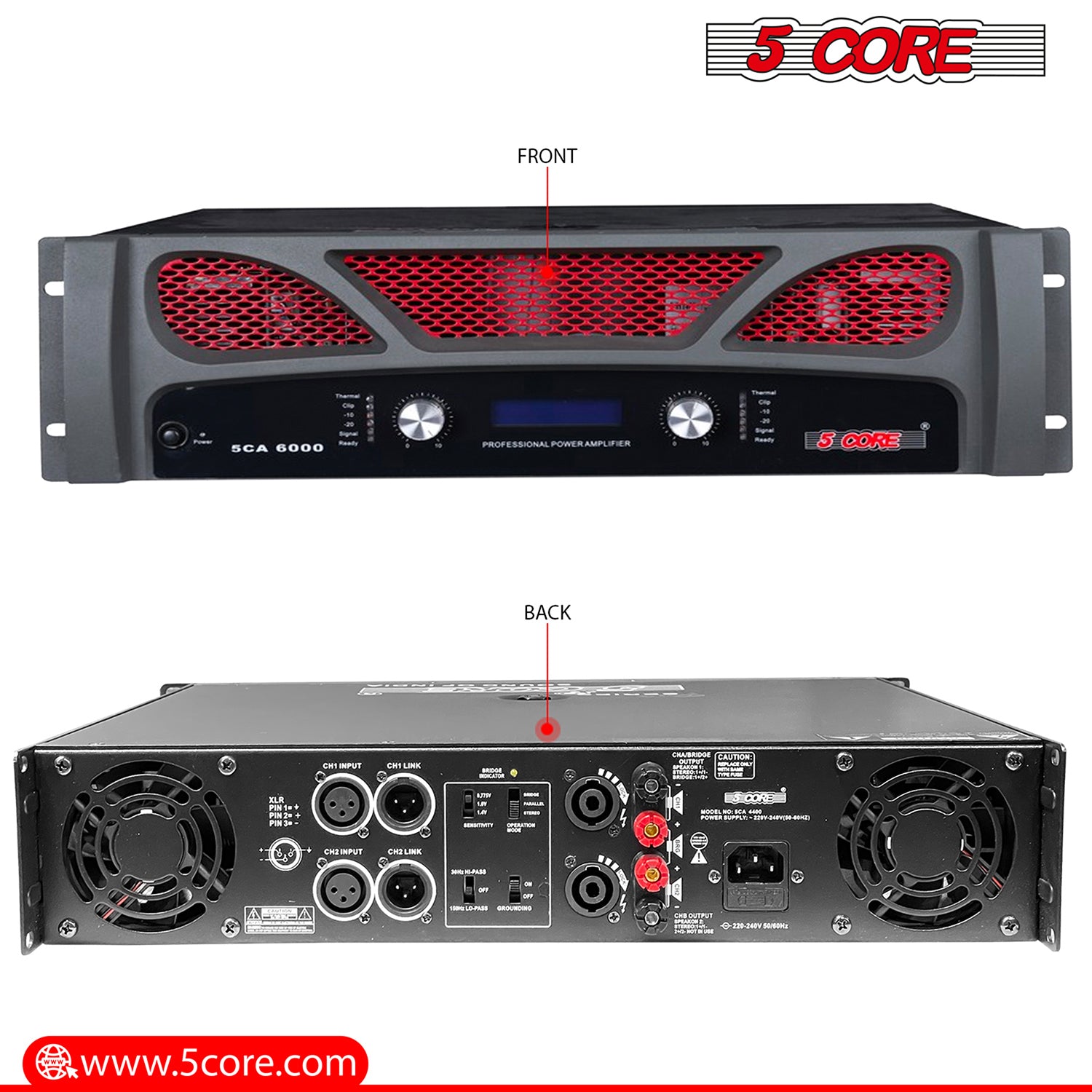 5Core 2 Channel Professional Power Amplifier-3U 2800W 4Ω High Powered AMP with LCD Display, XLR Input, Master Volume Controller