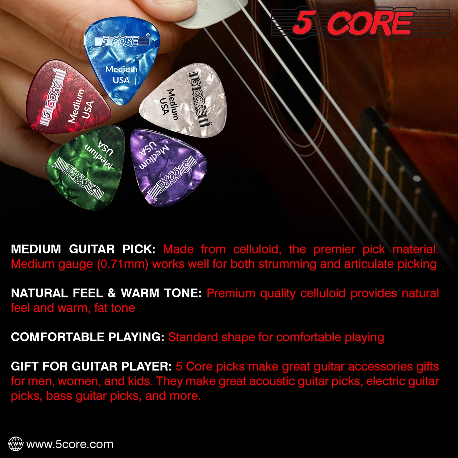 5 Core Celluloid Guitar Picks 20 Pack  Medium Gauge Plectrums for Acoustic Electric Bass Guitars