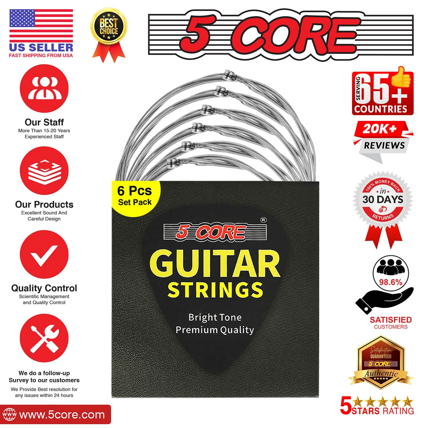 5Core Electric Guitar Strings Nickel 0.009-.042 Gauge w Deep Bright Tone for 6 String Guitars