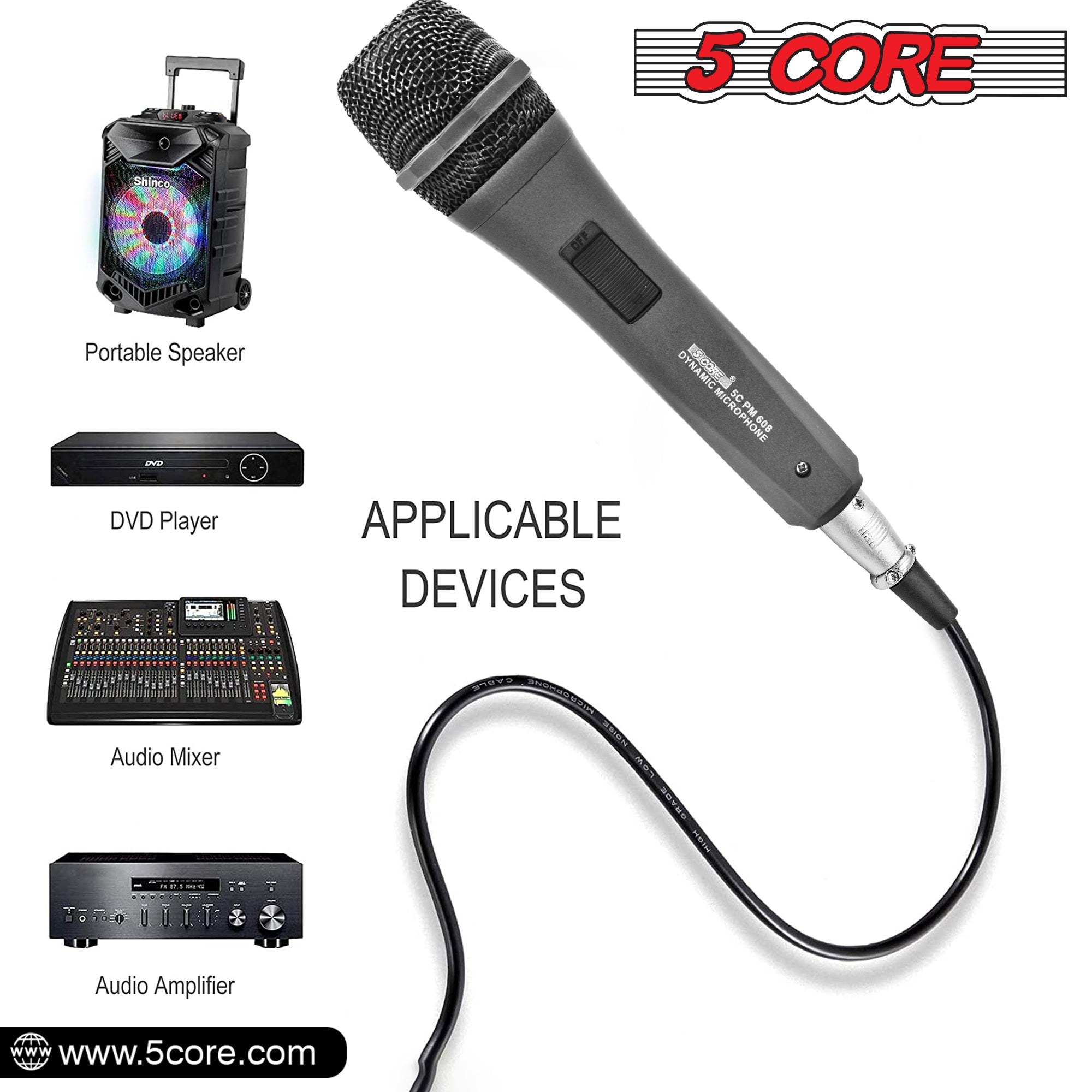 5 Core Microphone Professional Dynamic Karaoke XLR Wired Mic w ON/OFF Switch Pop Filter Cardioid Unidirectional Pickup Handheld Micrófono - PM 608