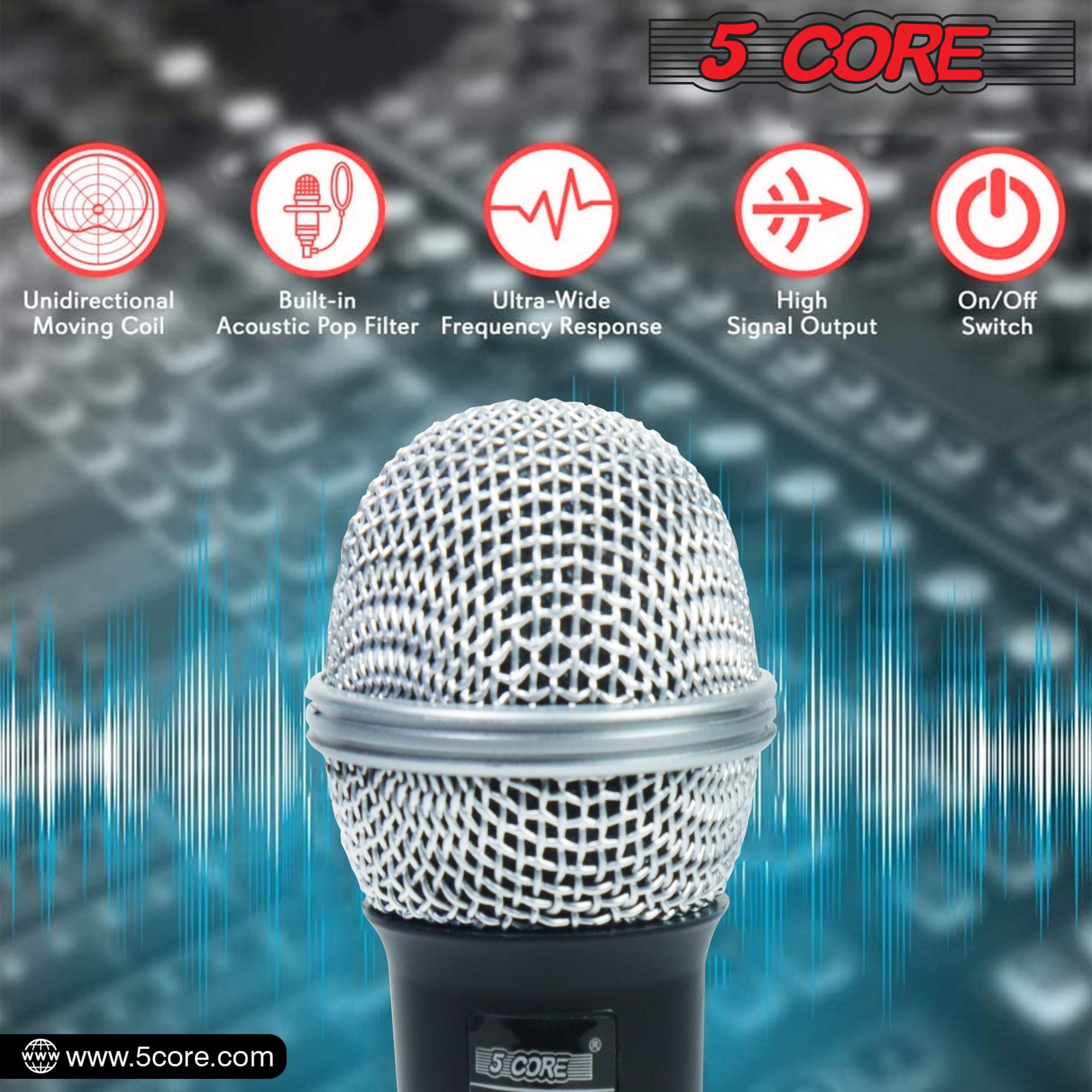 5 CORE Premium Vocal Dynamic Cardioid Handheld Microphone Unidirectional  Mic with Detachable XLR Cable to inch Audio Jack and On/Off Switch for  Karaoke Singing PM 817 CH 