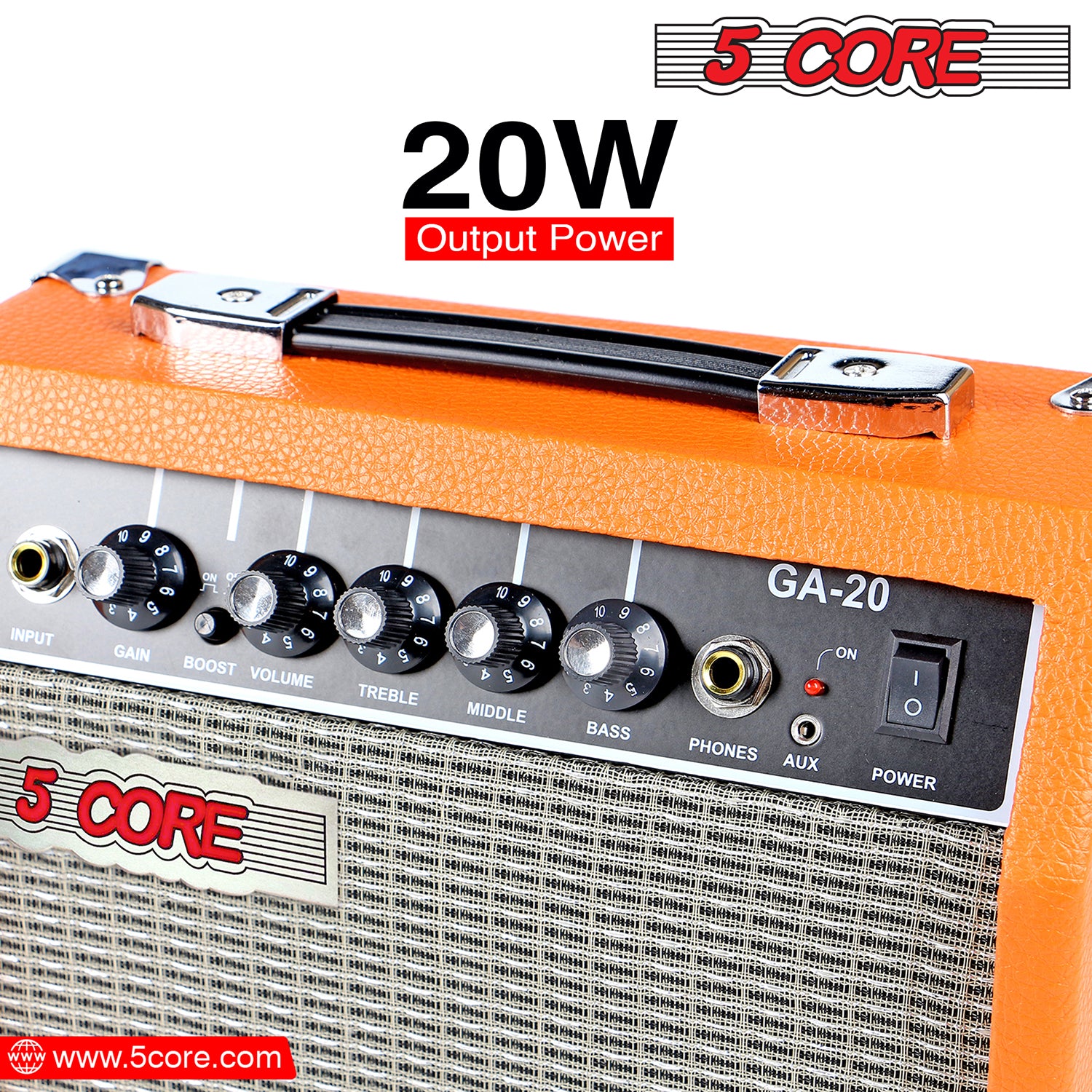 5 Core Mini Guitar Amp Orange 20W Portable Electric Bass Amplifier w 6.5” 4 Ohm Speaker w EQ Control
