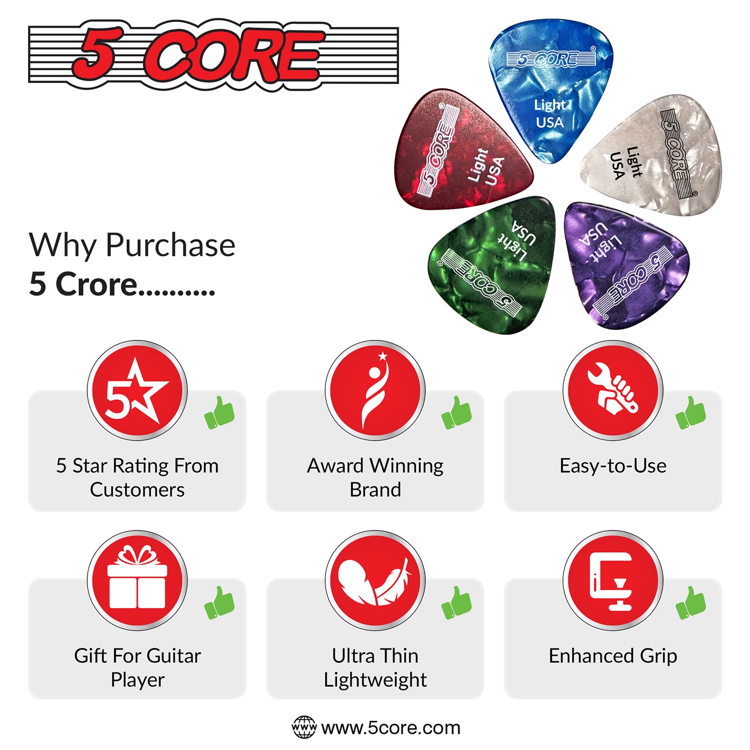 5 Core Celluloid Guitar Picks 20 Pack Light Gauge Plectrums for Acoustic Electric Bass Guitars