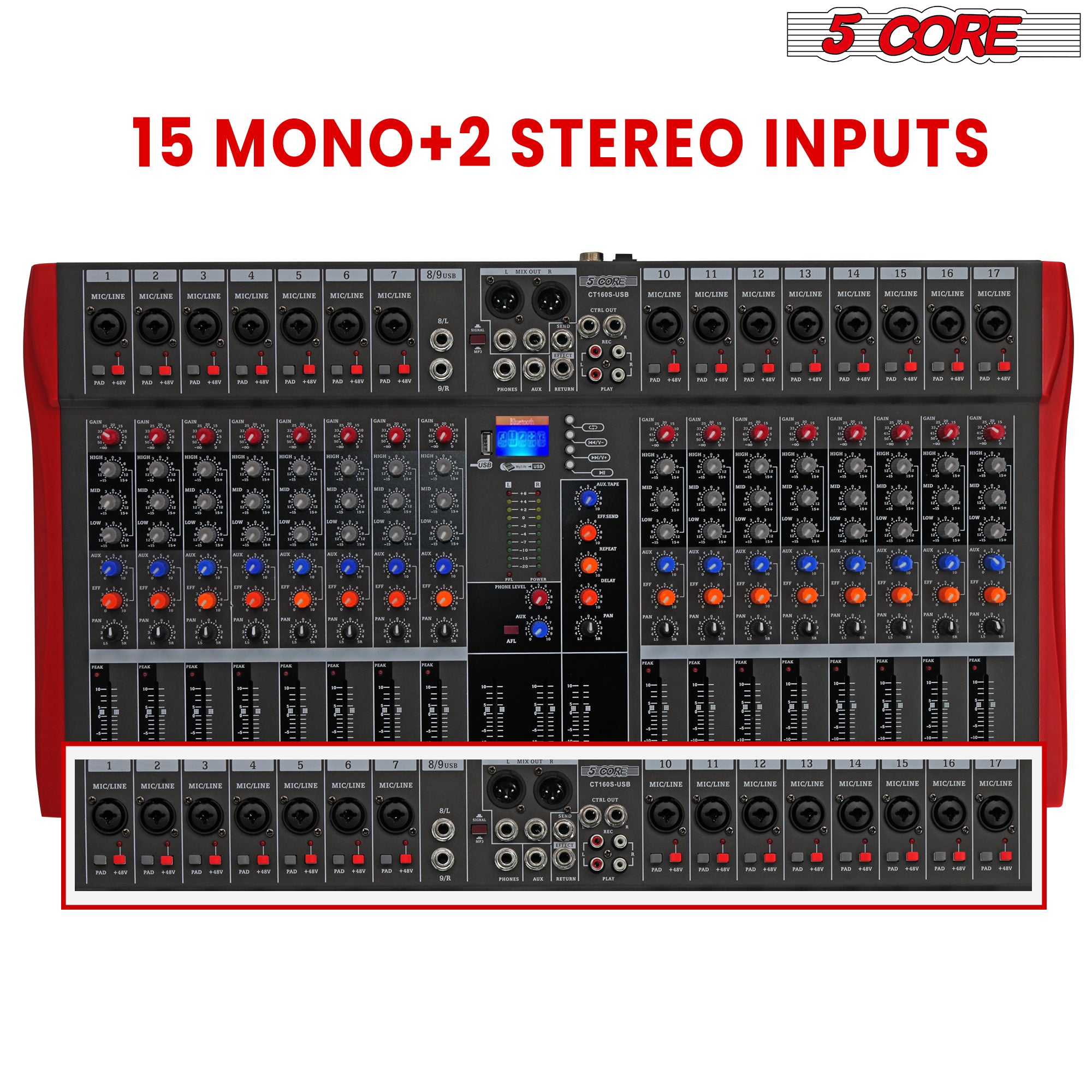 This Audio Mixer has 15 MONO + 2 Stereo Inputs.