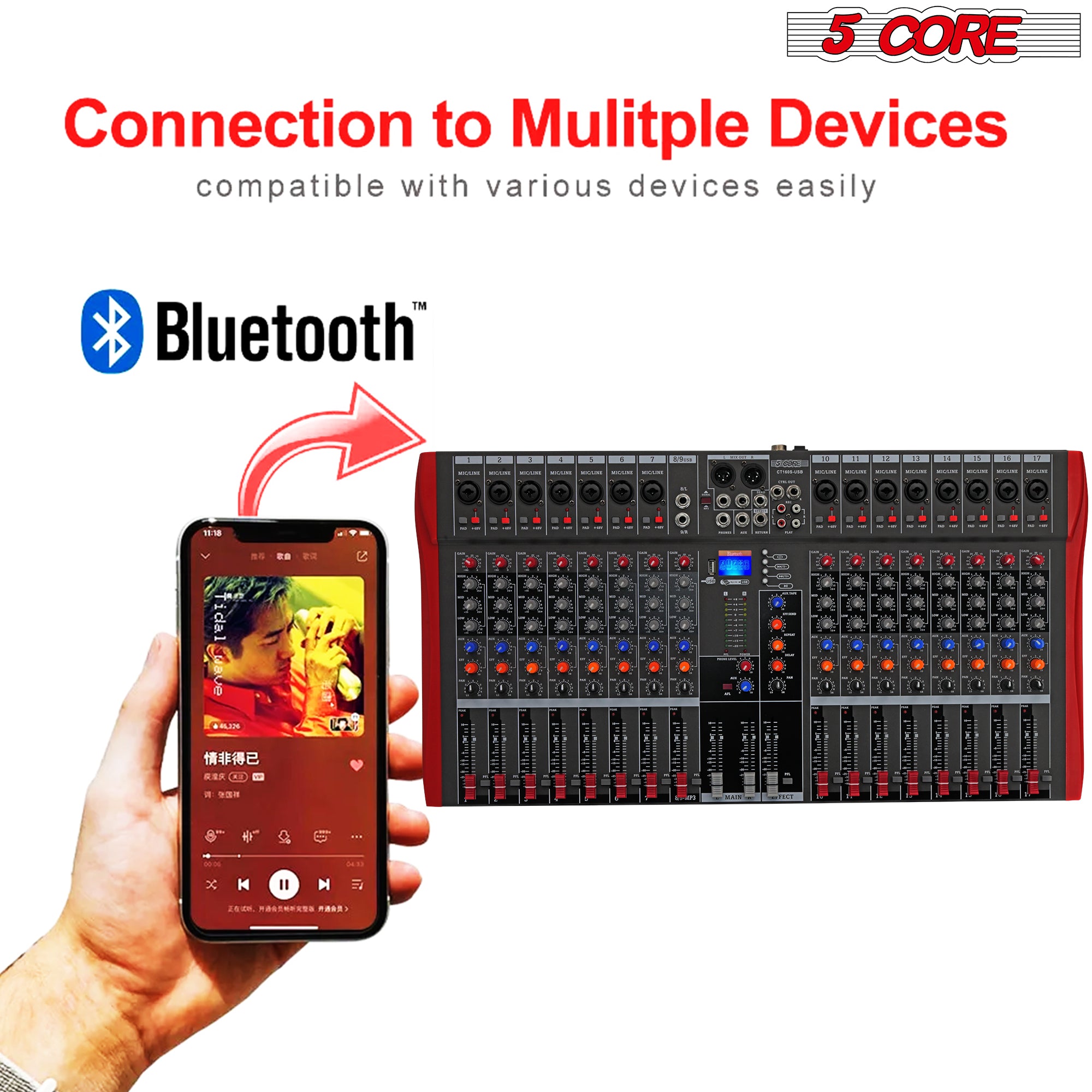 5 Core Audio Mixer DJ Equipment Digital Sound Board Karaoke XLR Mixers Professional 16 Channel Bluetooth USB w Effects for Recording Music Studio PC Podcast Instruments Consola De Sonido - MX 16CH