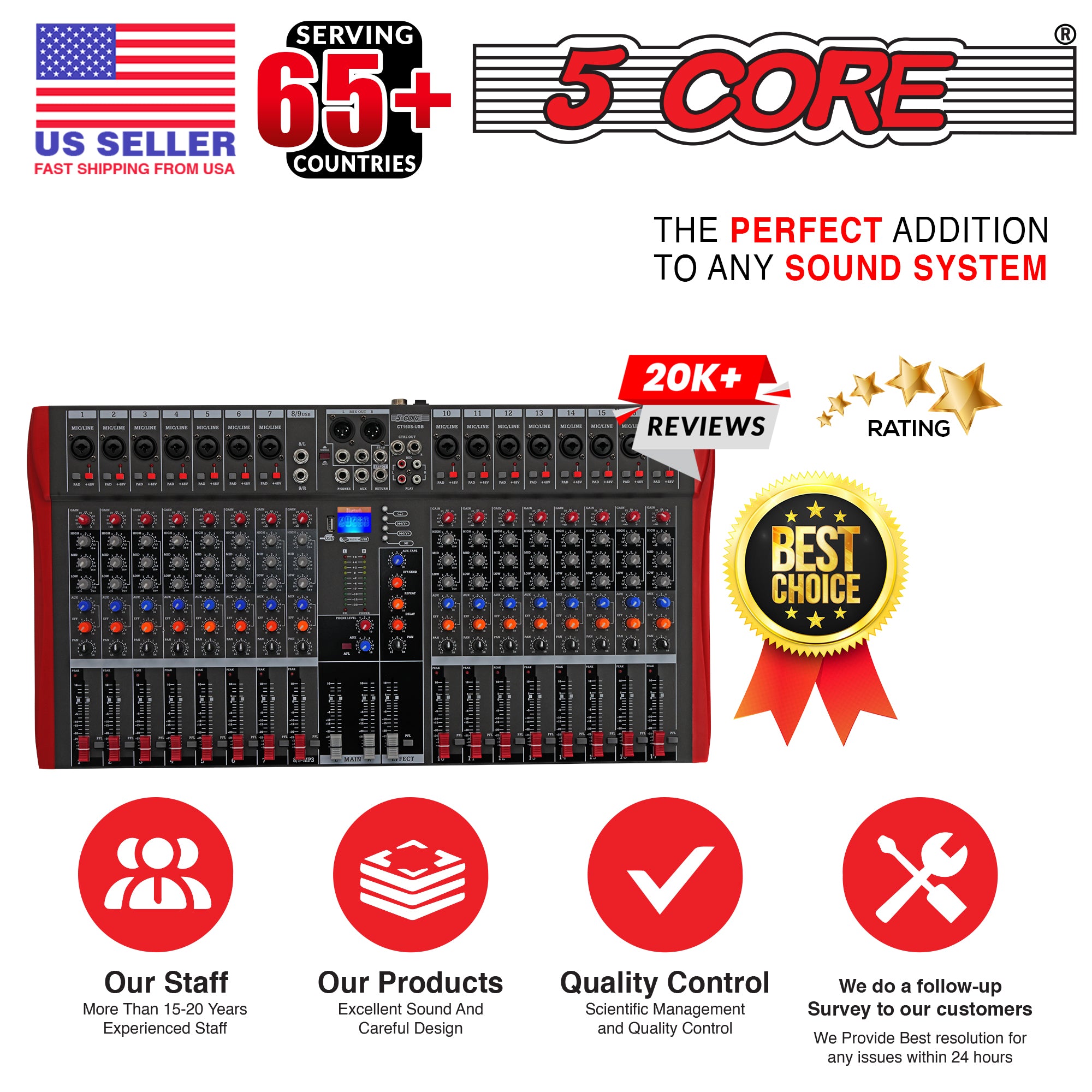 5 Core Audio Mixer DJ Equipment Digital Sound Board Karaoke XLR Mixers Professional 16 Channel Bluetooth USB w Effects for Recording Music Studio PC Podcast Instruments Consola De Sonido - MX 16CH