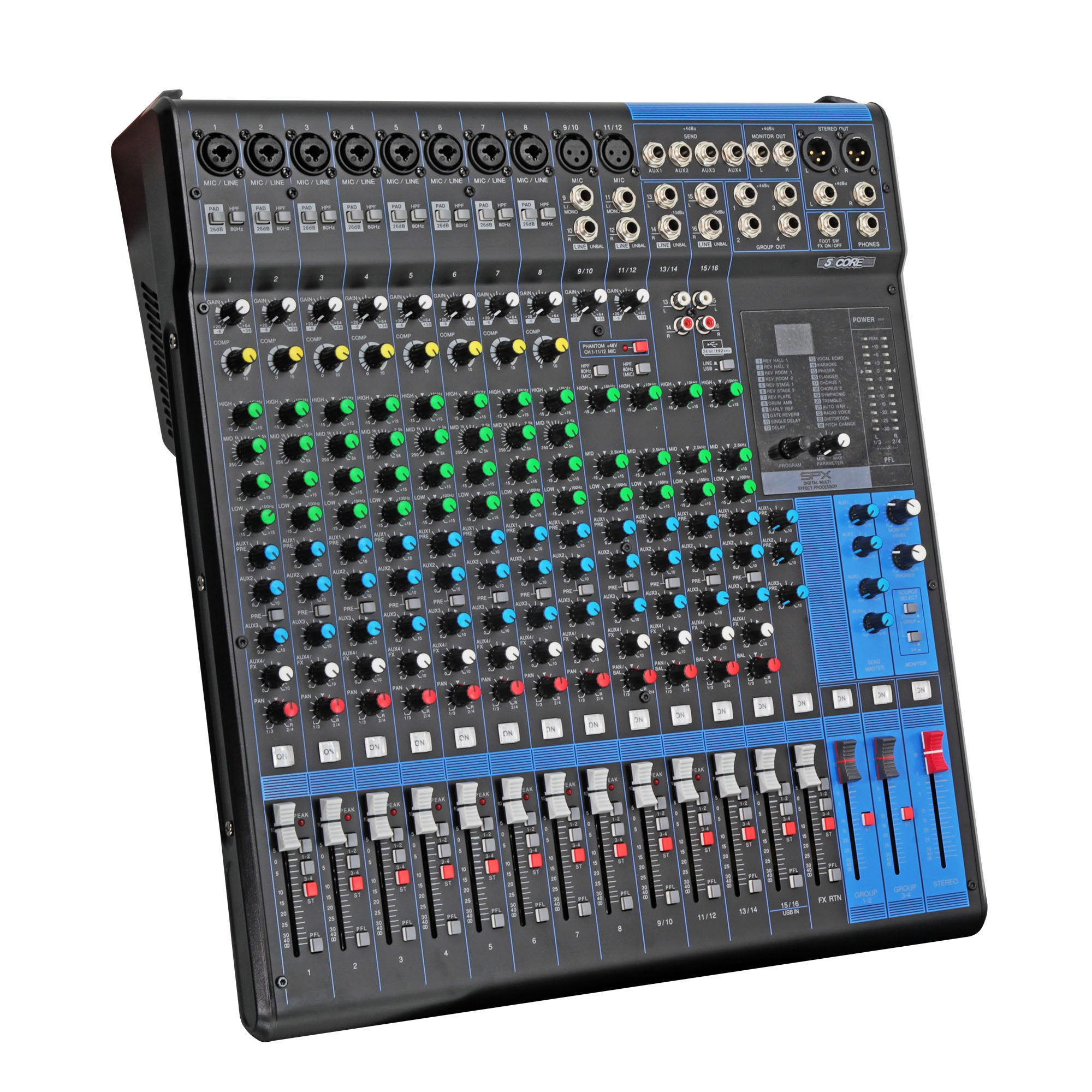 5 Core Audio DJ Mixer 16 Channel Sound Board Console w 24 SPX Effect 48V Phantom Powe