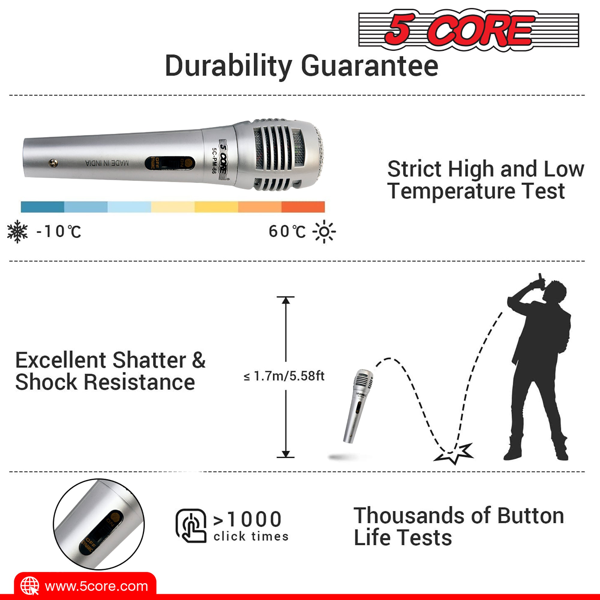 5 CORE 4 Pack Vocal Dynamic Cardioid Handheld Microphone Unidirectional Mic with 2 X 5ft Detachable XLR Cable to ¼ inch Audio Jack and On/Off Switch for Karaoke Singing (Silver) - PM-66k 2 pair