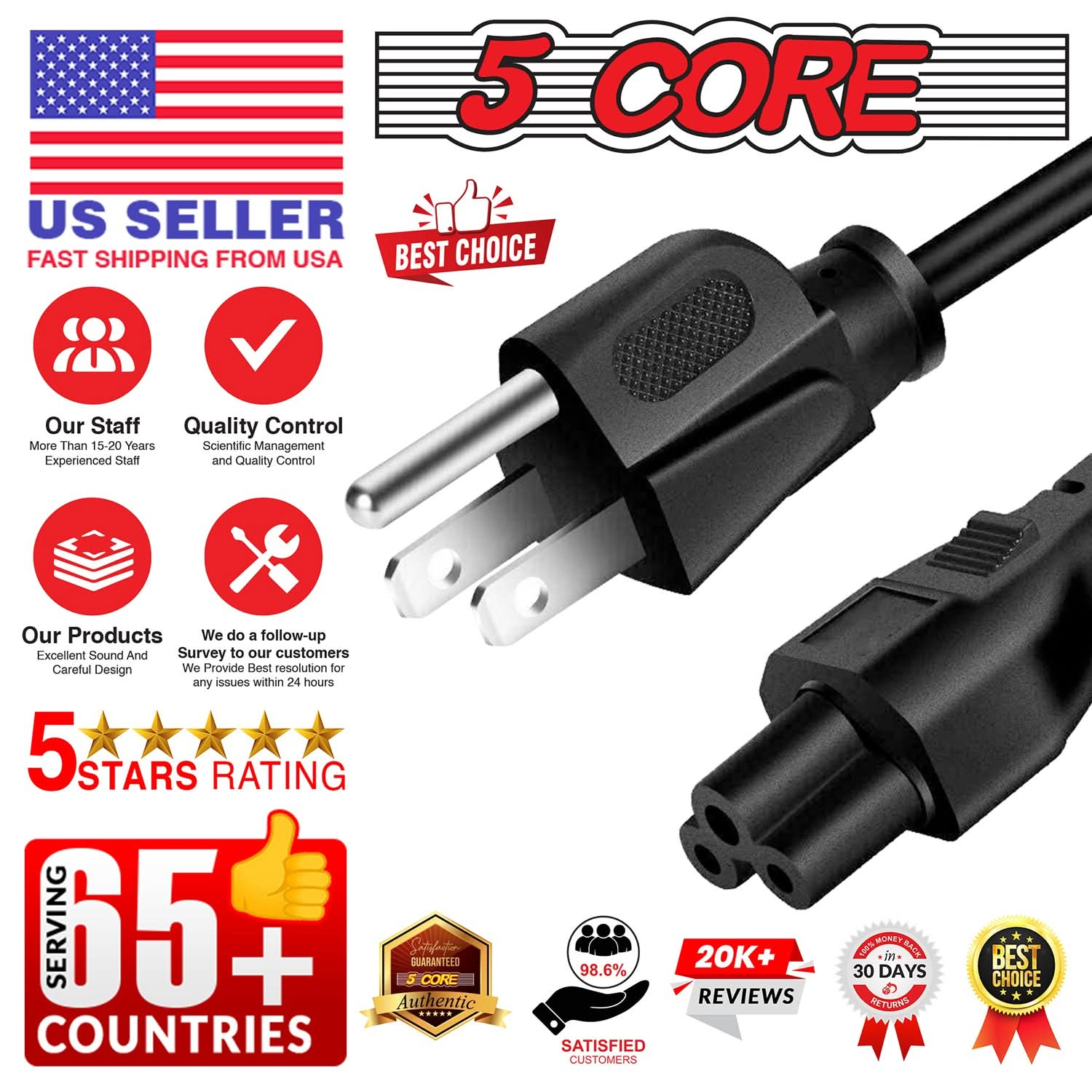 5Core AC Power Cord 6Ft 2 Prong US Male to Female Extension Adapter 18AWG 10A 7A 125V