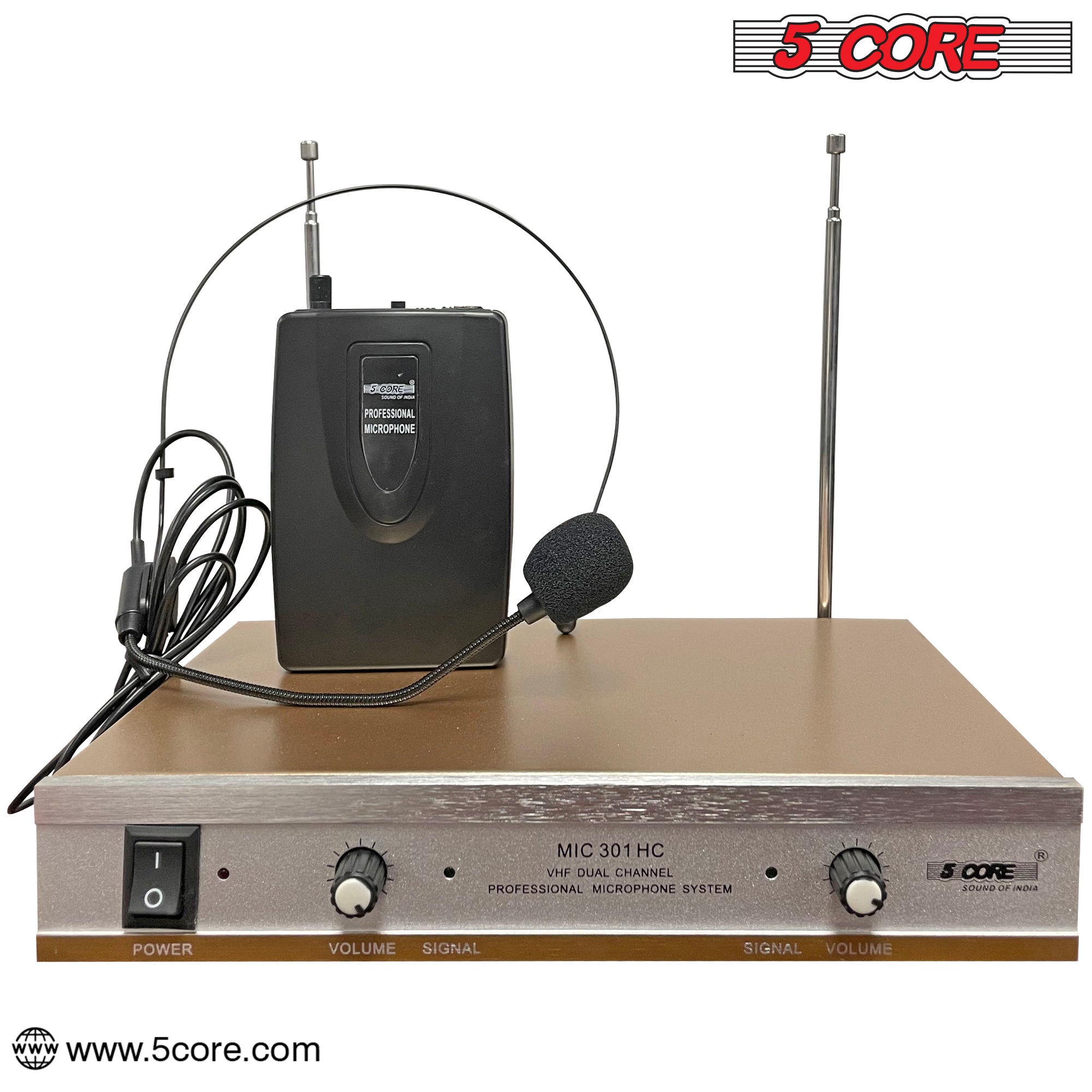 5 Core Dual Channel Wireless Microphone System w Headset Microphone for Speaking Portable Cordless VHF Microfone System Microfono Profesional -WM 301 HC