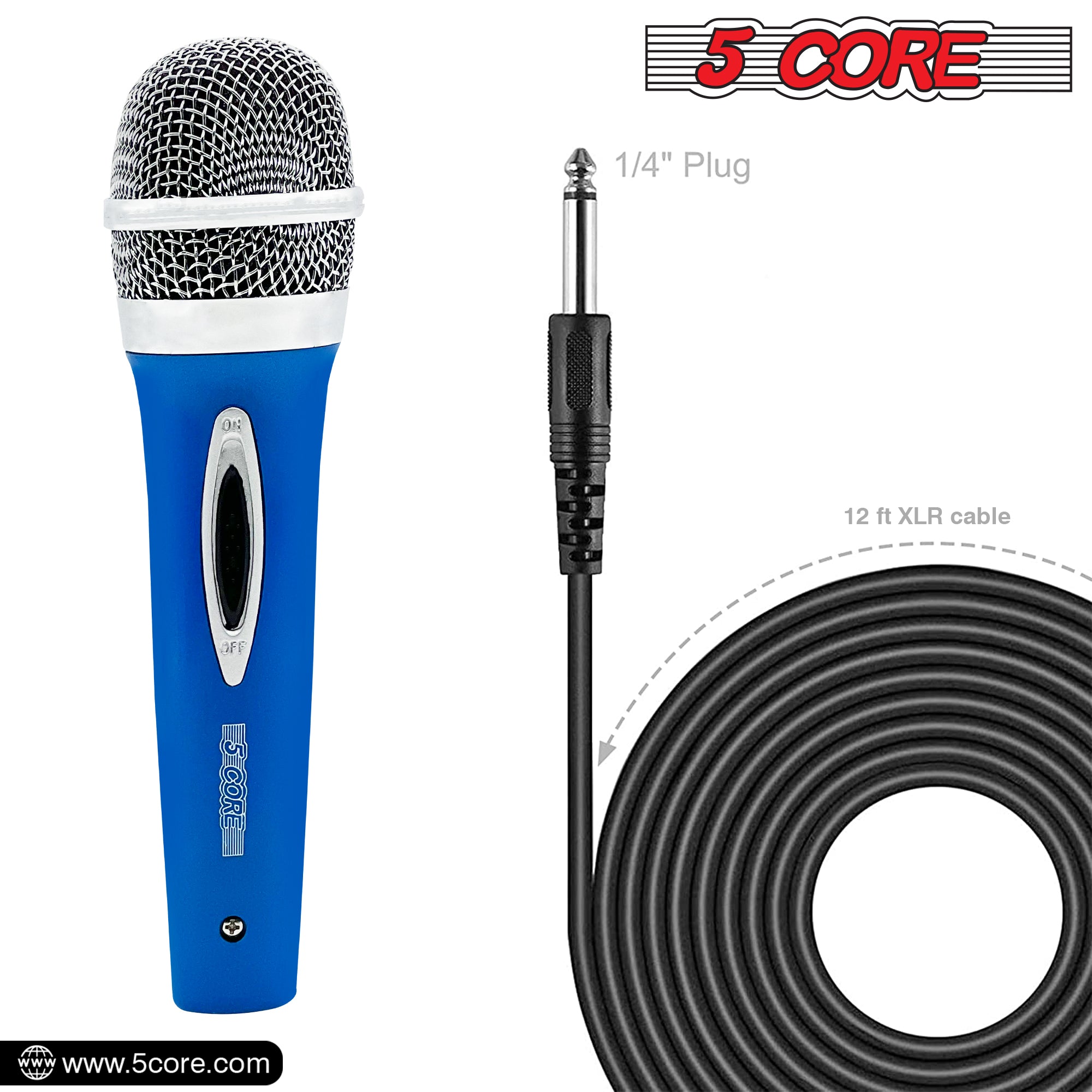 5 Core Microphone 1 Piece Blue Karaoke XLR Wired Mic Professional Studio Microfonos w ON/OFF Switch Integrated Pop Filter Dynamic Moving Coil Cardioid Unidirectional Pickup Handheld Micrófono for Singing DJ Podcast Speeches Includes Cable - PM 286 BLU