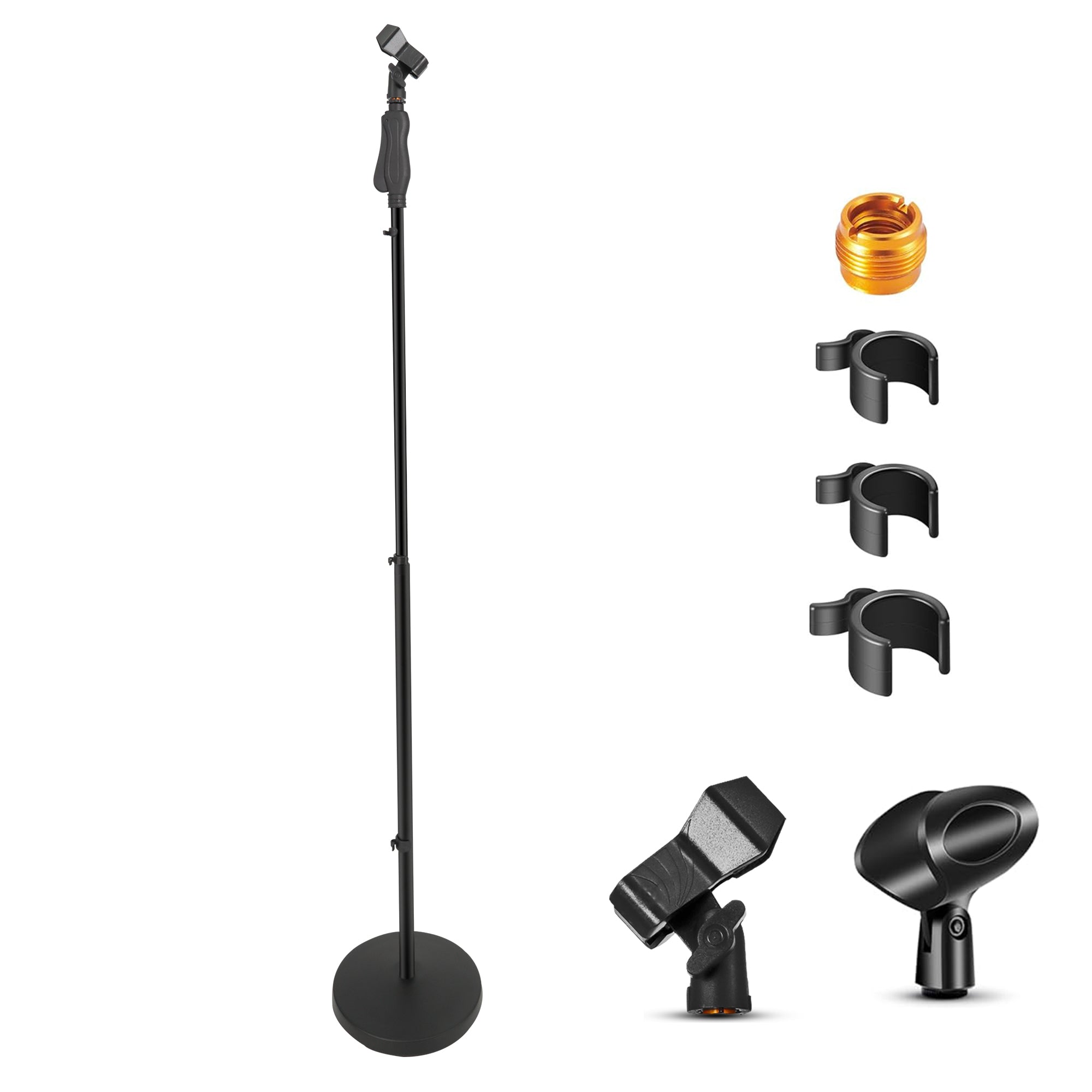Height-adjustable universal microphone stand with a round base for stability.