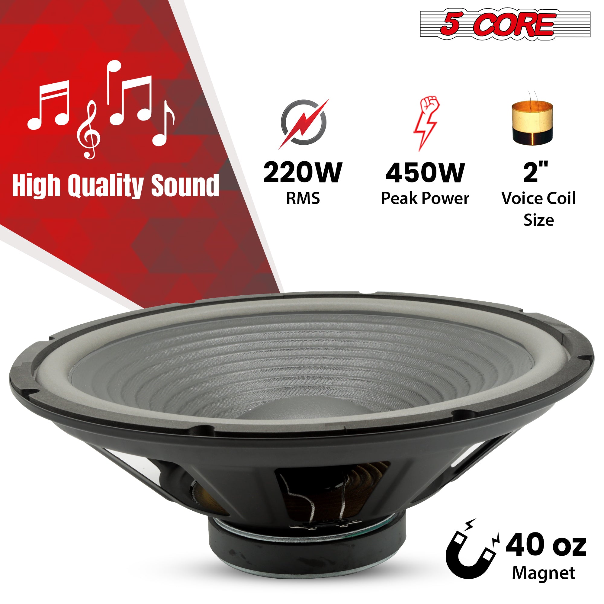 Replacement bass subwoofer featuring a 450W max power rating and 4-ohm impedance.