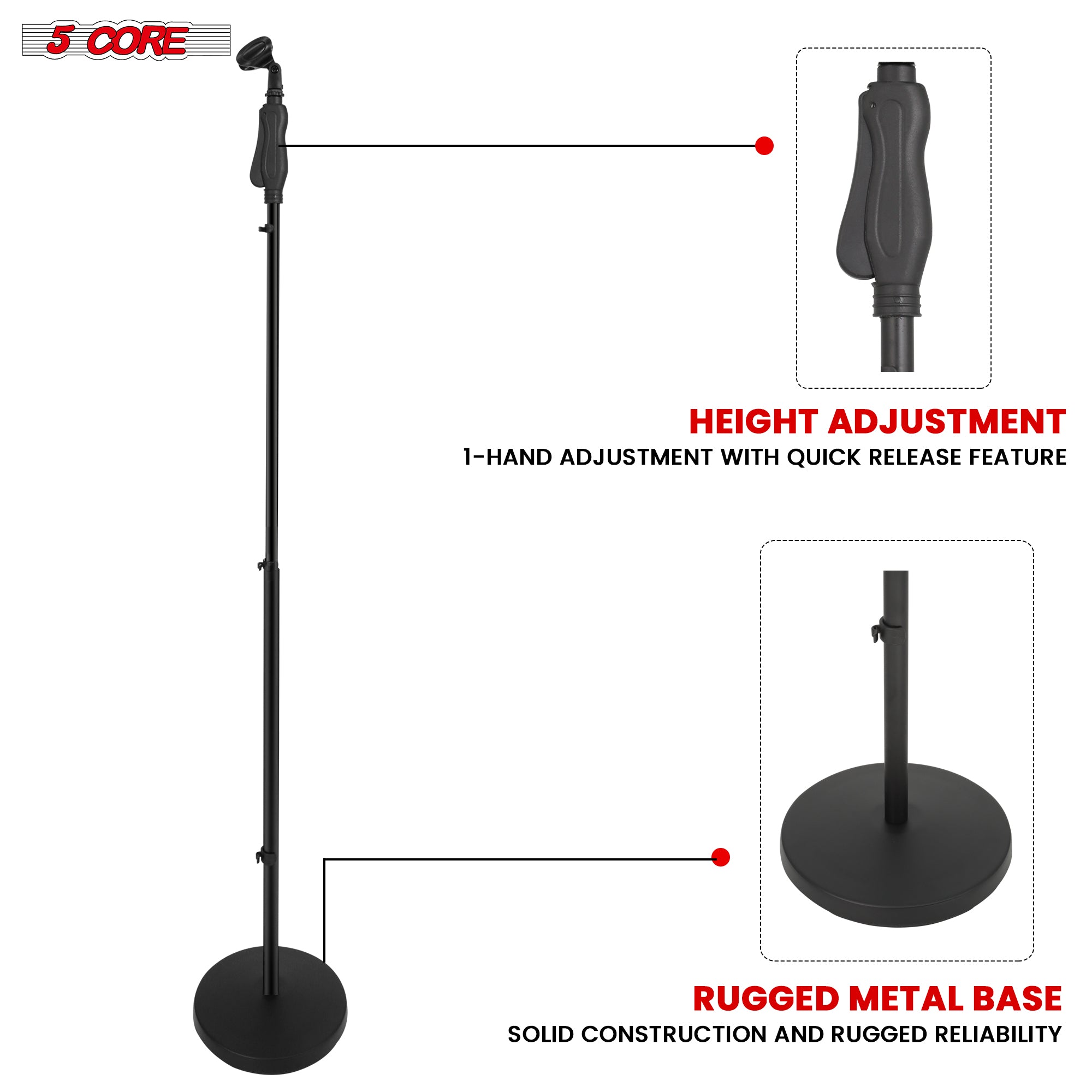 Metal-built floor mic holder suitable for a wide range of microphone types.