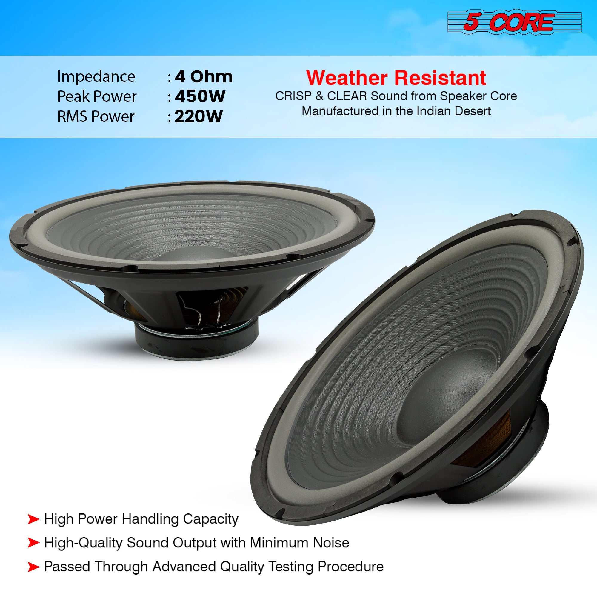 5Core 15 Inch Subwoofer Speaker 450W Max 4 Ohm Replacement Car Bass Sub Woofer 40 Oz Magnet 1/ 2 Pc