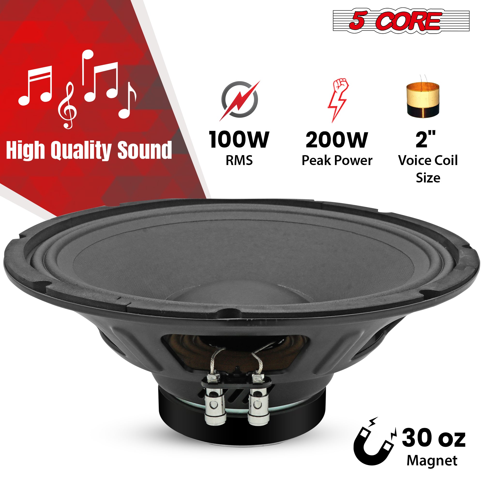 5 Core 12 inch Replacement Speaker • 200W Peak Power 8 Ohm 30 Oz Magnet • Pro Audio Sub Woofer Driver