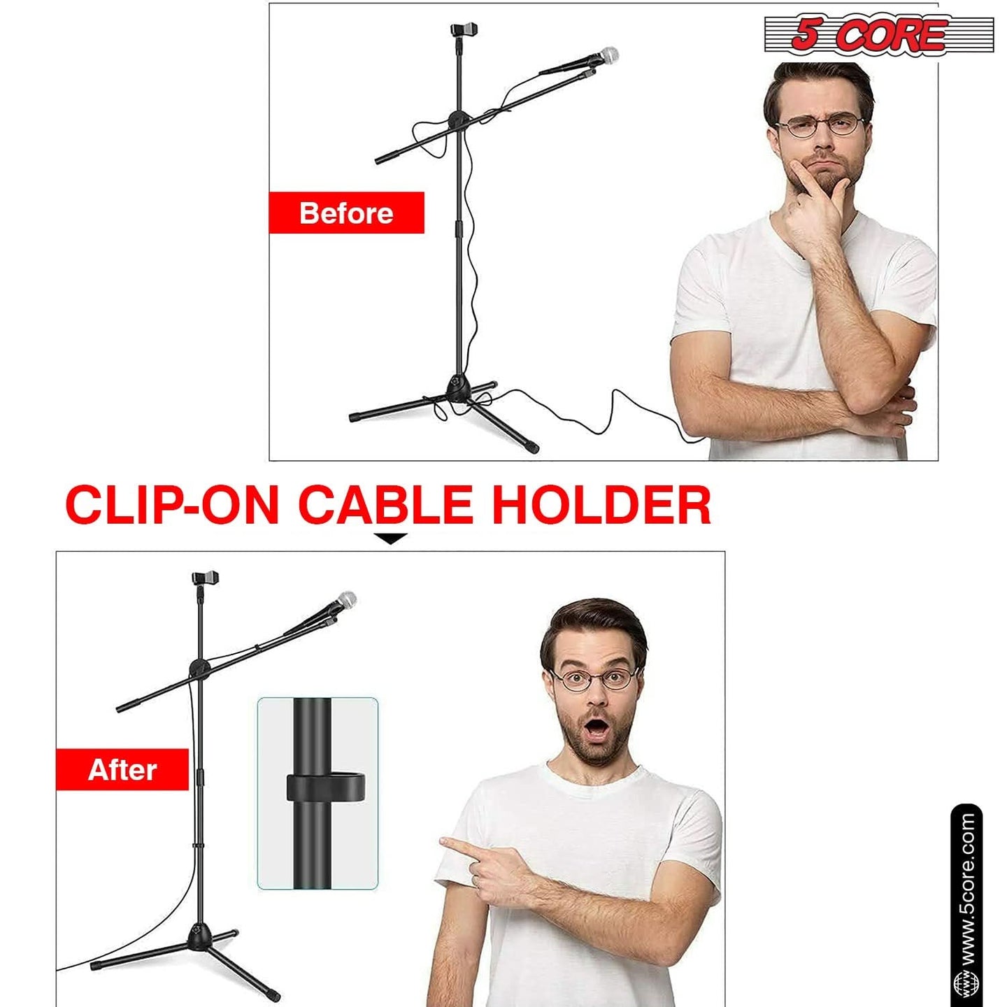 Sturdy floor mic stand with clip-on cable holder for organized and tangle-free performances