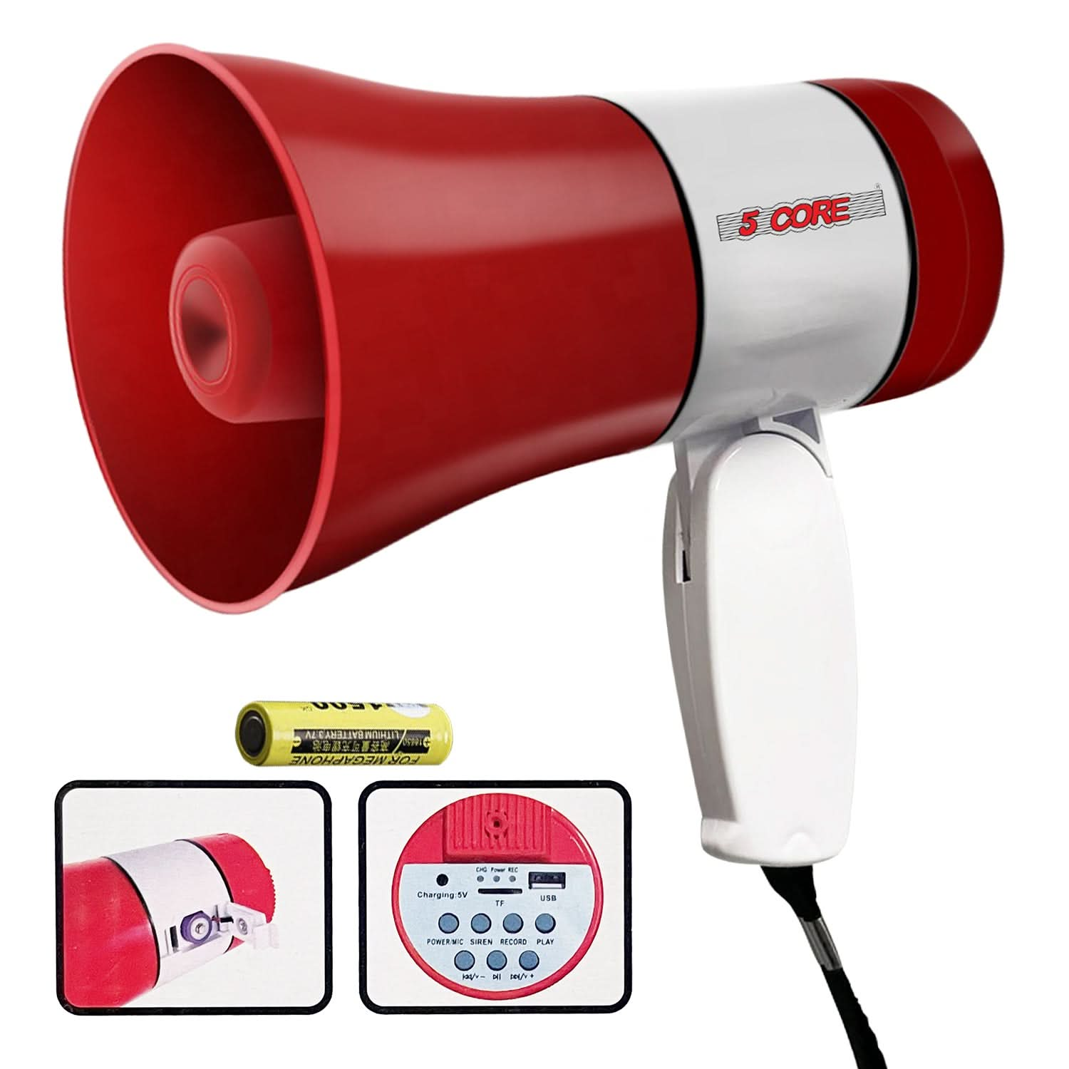 5 Core Mini Portable Megaphone • 30W Bullhorn with Siren • Adjustable Volume • 800 Yards Range