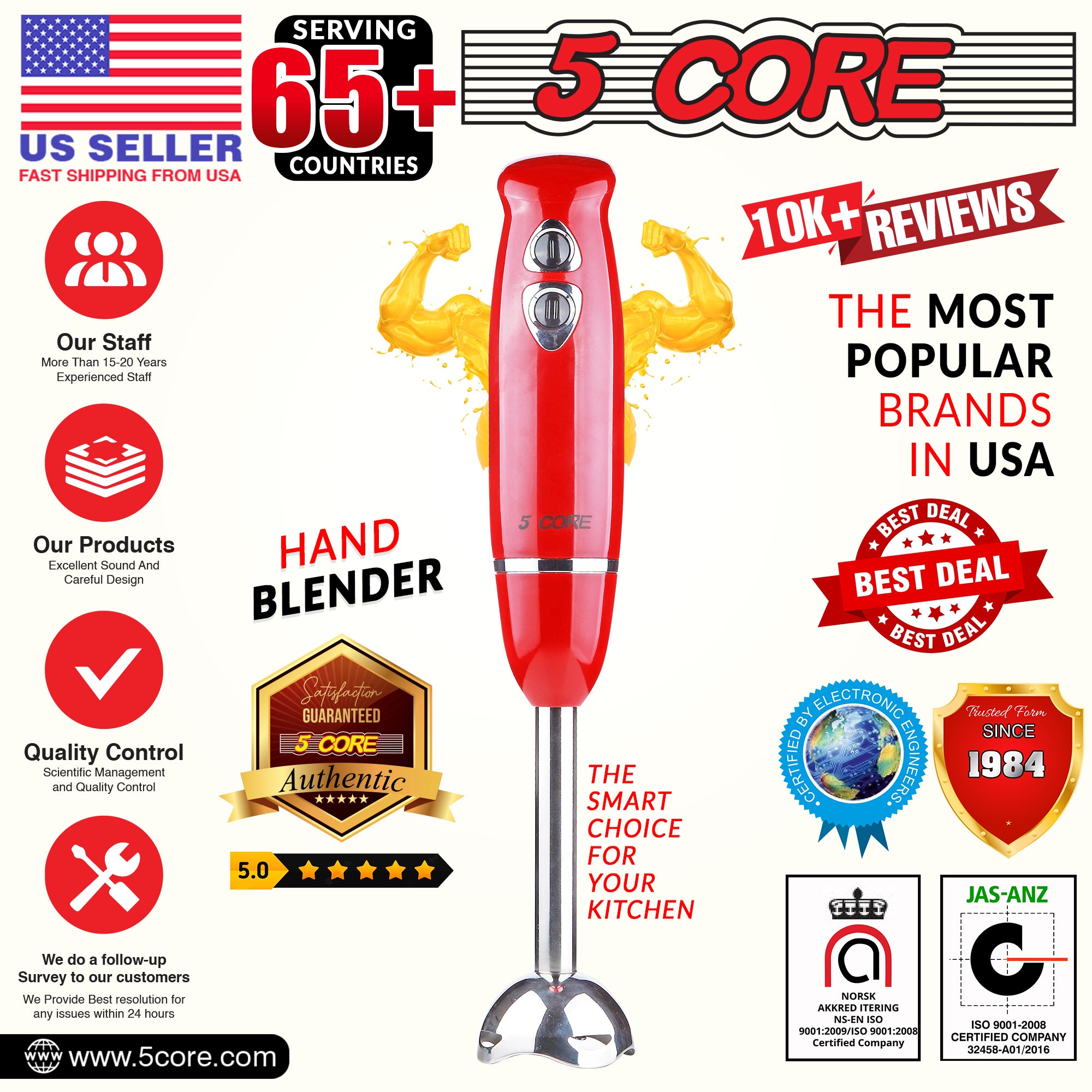 5 Core Hand Blender • 500W Immersion Blender • Electric Hand Mixer w 2 Mixing Speed 304 Steel Blades