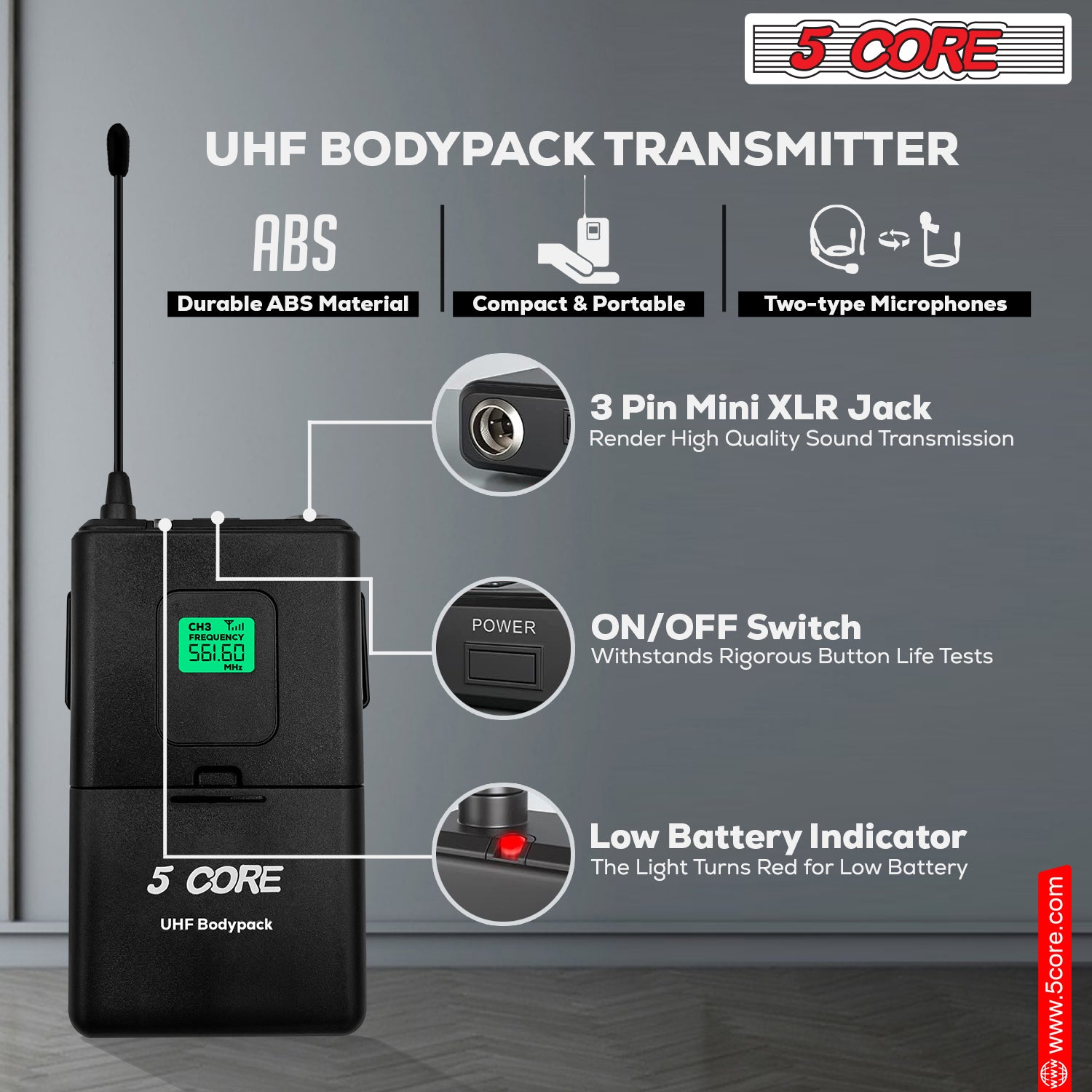 5Core Wireless Microphones Set 4 Channel UHF Microfono Inalambrico w Handheld Lapel Headset Mic