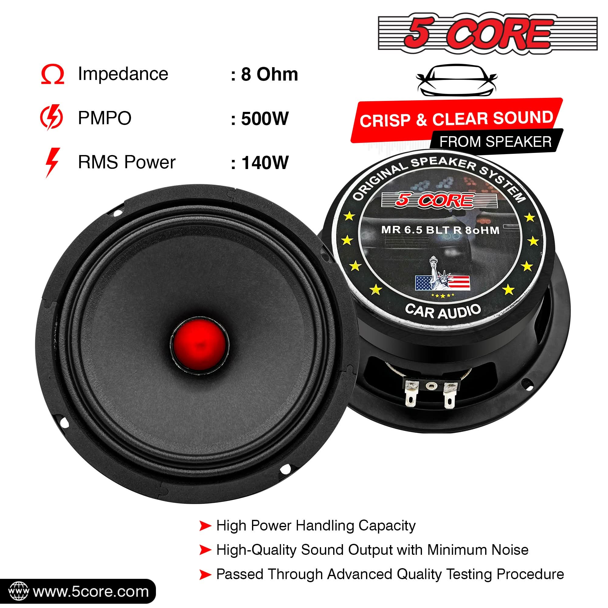 5Core 6.5 Inch Midrange Door Speaker 580W PMPO Subwoofer w Aluminum Bullet 8O Sub Woofer