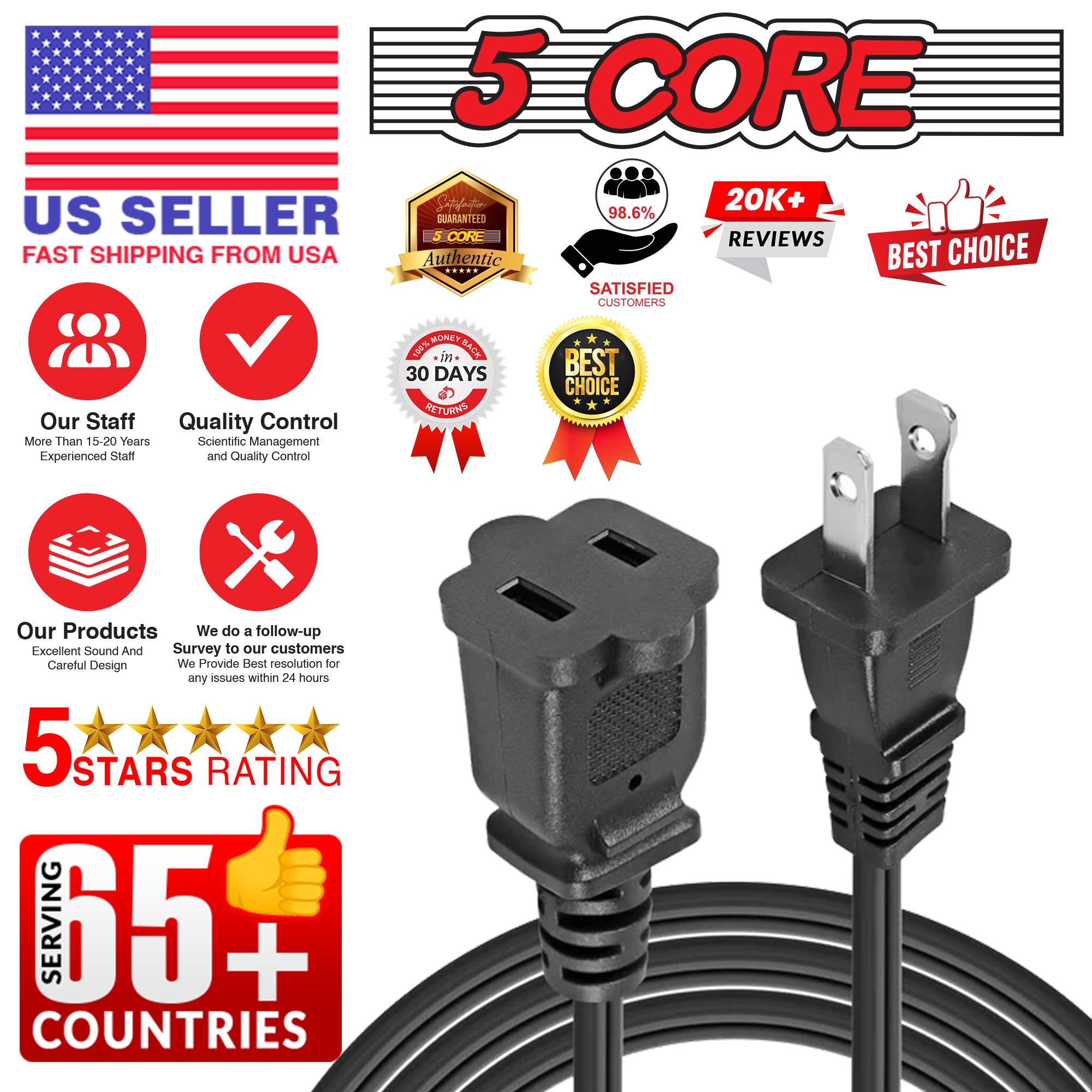 5 Core AC Power Cord 15 Ft • US Polarized Male to Female 2 Prong Extension Adapter 16AWG/2C 125V 13A