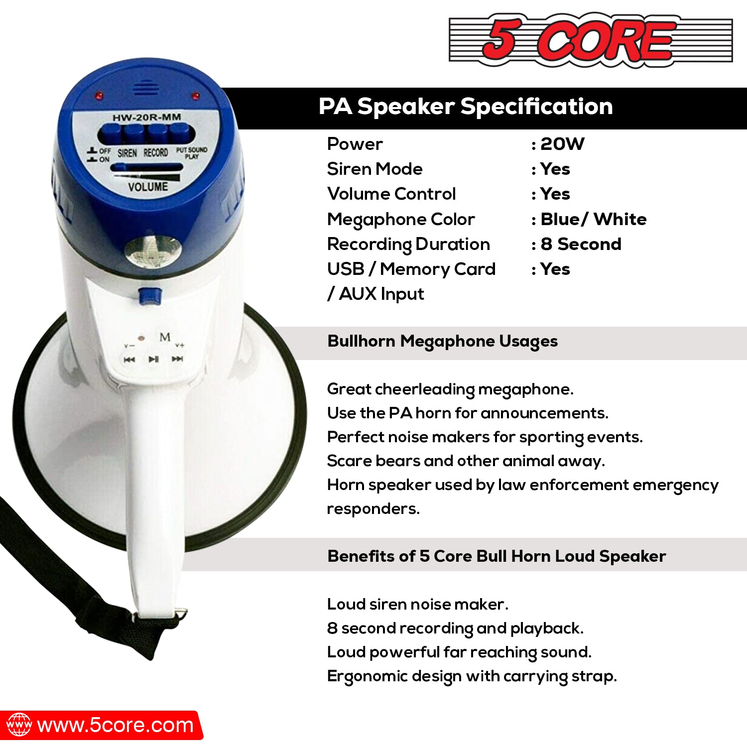 5 Core Portable Megaphone Speaker • 20W Bullhorn w Siren • Adjustable Volume Bull Horn • 300m Rage