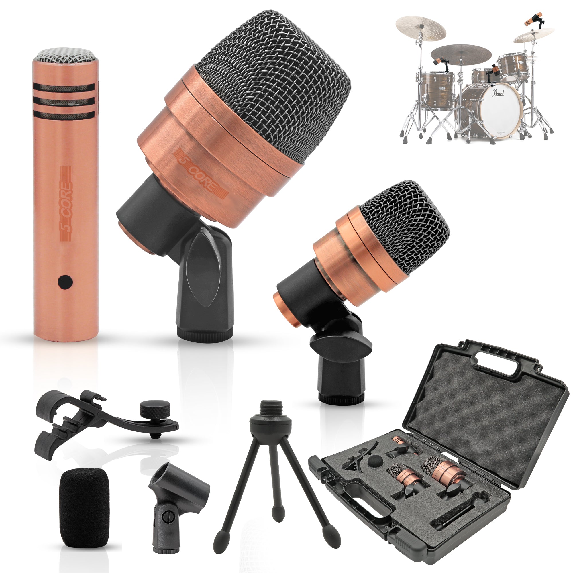 5 Core Drum Microphone Kit Copper Finish 3 Pieces Drumming Mics Full Metal Wired Dynamic Instrument Mic Set for Bass Tom Snare Cymbals - DM 7XP COPPEREX