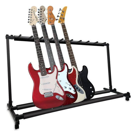 5 Core guitar rack with electric guitar stand and bass accessories for versatile storage.