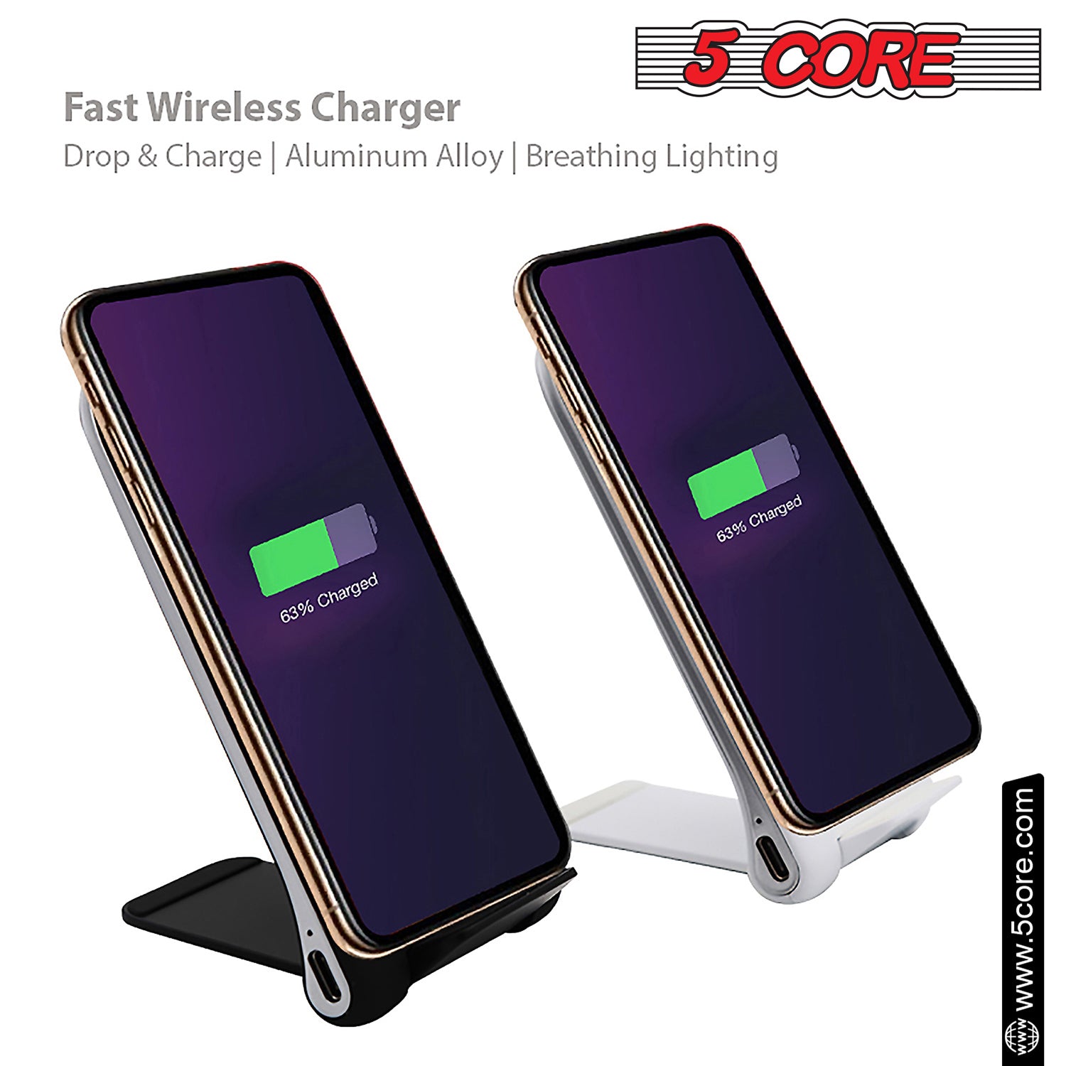 5Core Fast Wireless Charger 2Pack Qi Certified 10W Wireless Charging Stand w Sleep-Friendly Light