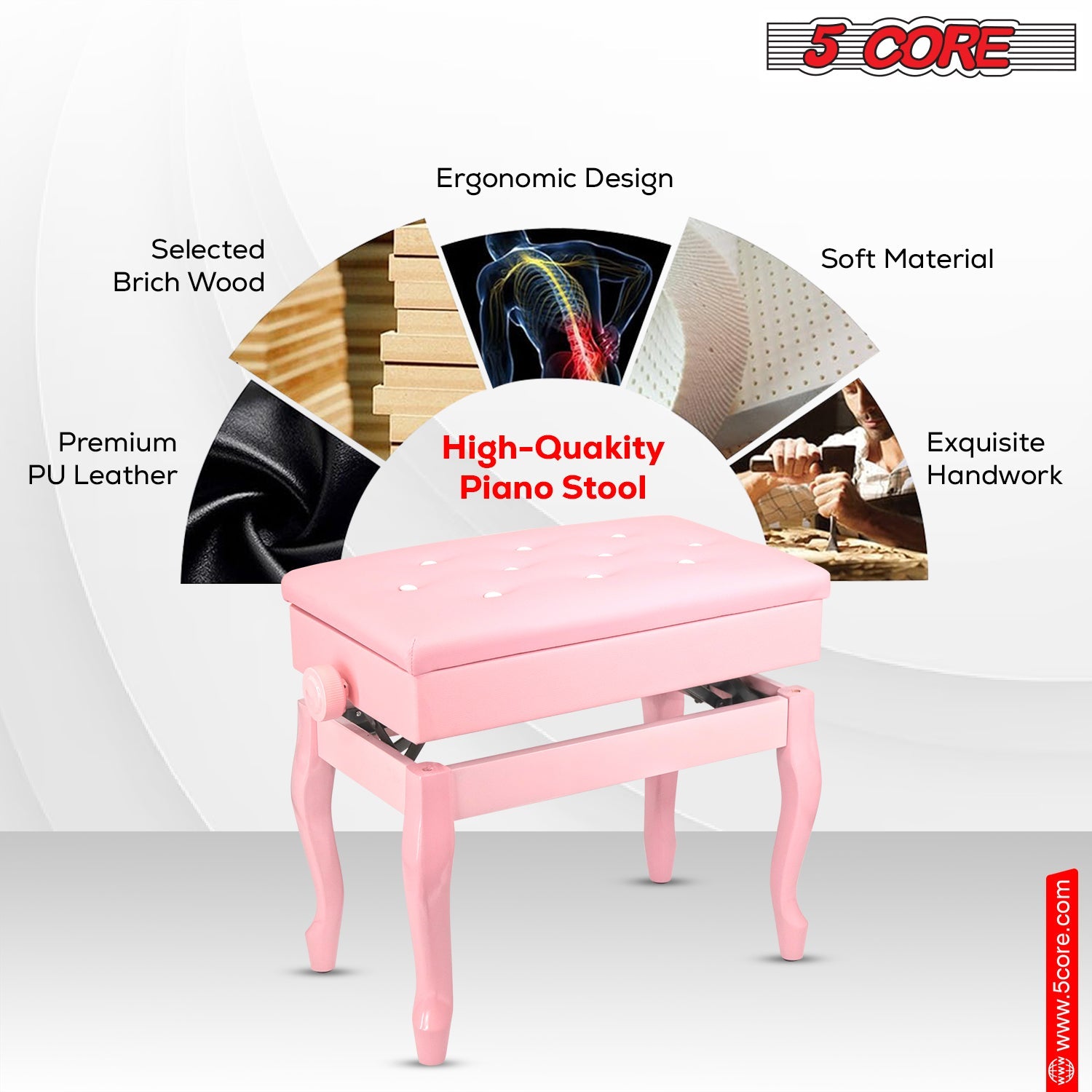 5 Core Piano Bench Wooden Height Adjustable Stool Heavy Duty Keyboard Seat with Storage